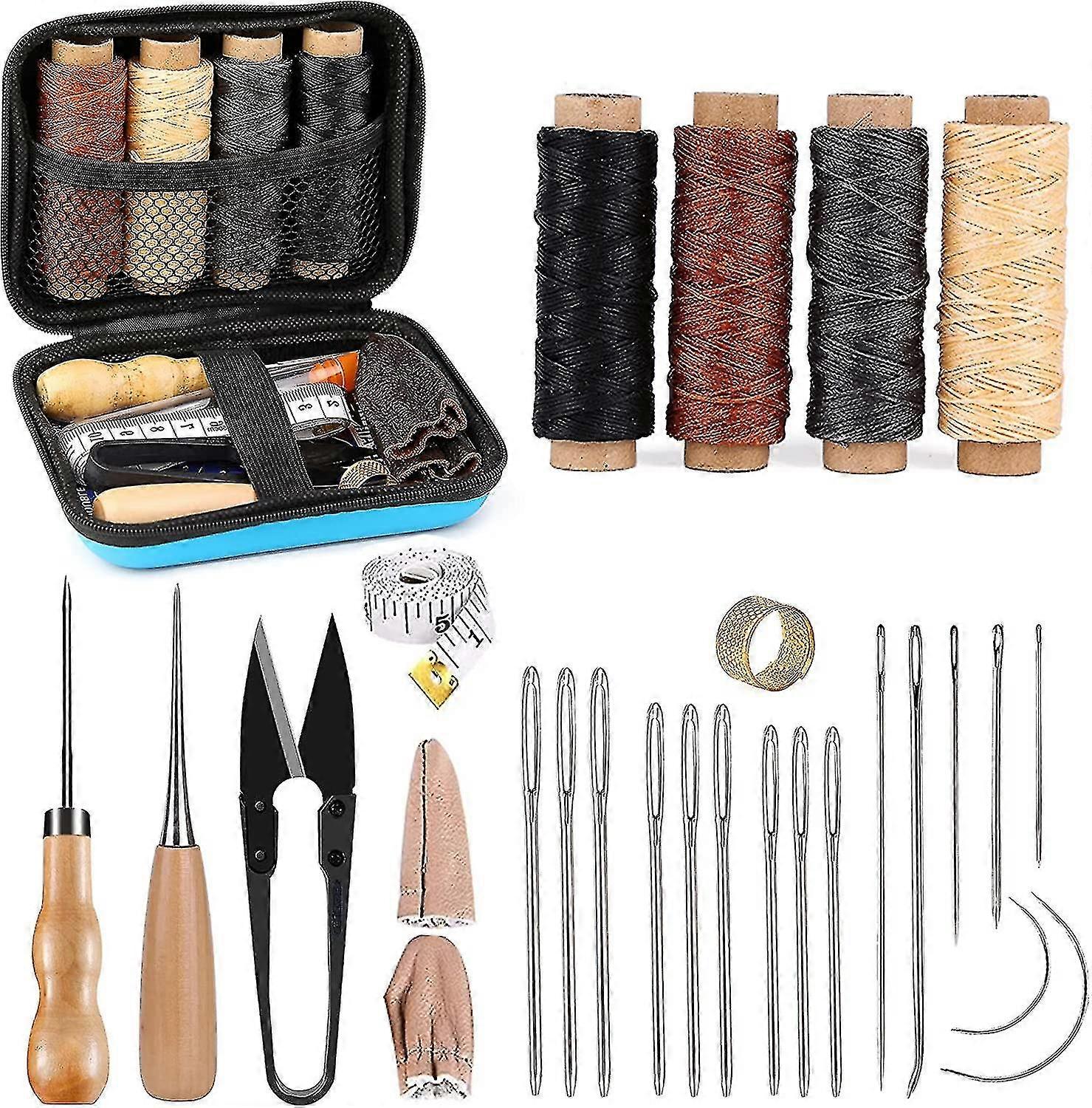 طقم خياطة الجلود ، أدوات ومستلزمات العمل الجلدية ، مجموعة أدوات العمل الجلدية مع إبر خياطة العين الكبيرة ، خيط مشمع ، إصلاح تنجيد الجلود