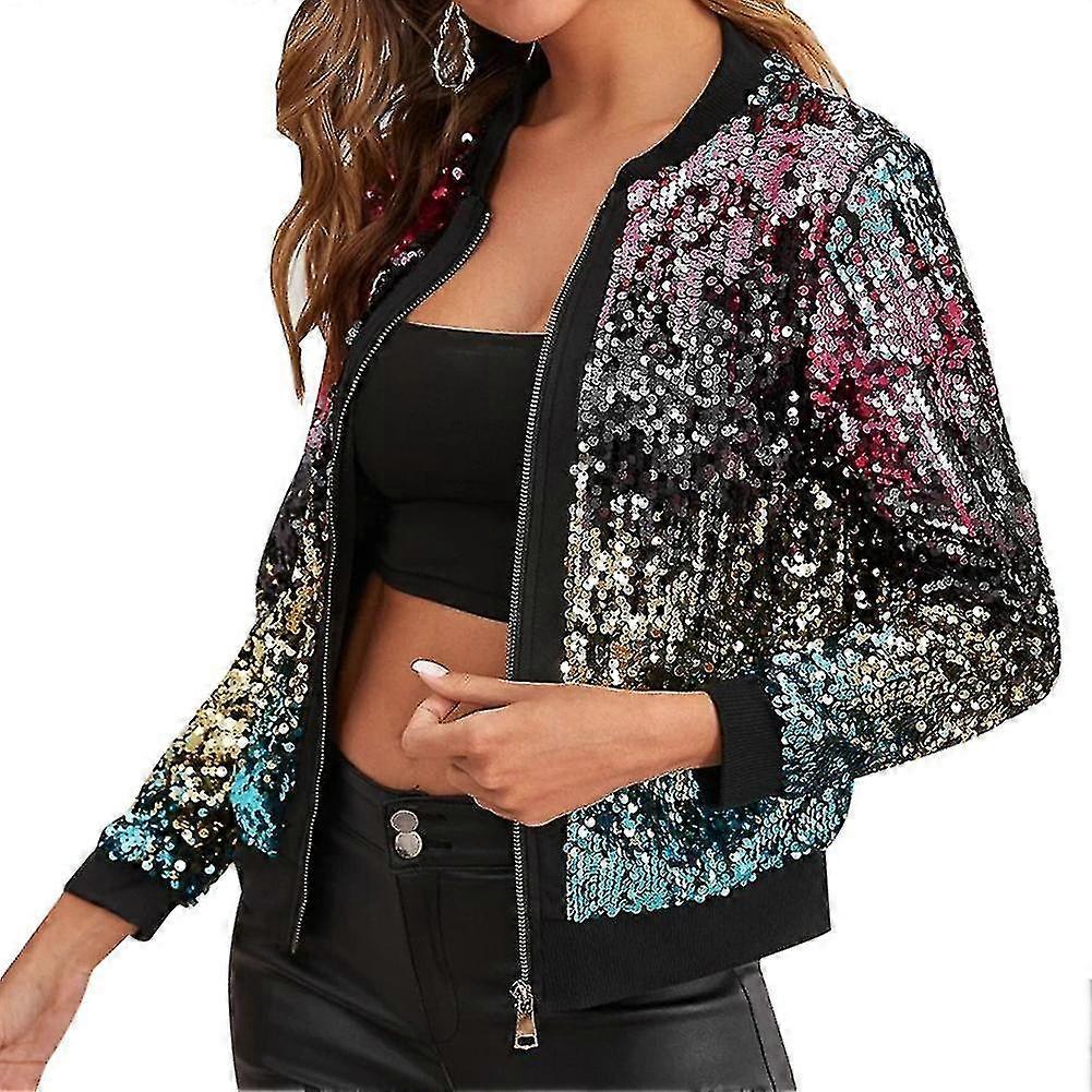 Donna Trend Sequin Stitching Cropped Top Jacket Button Nightclub