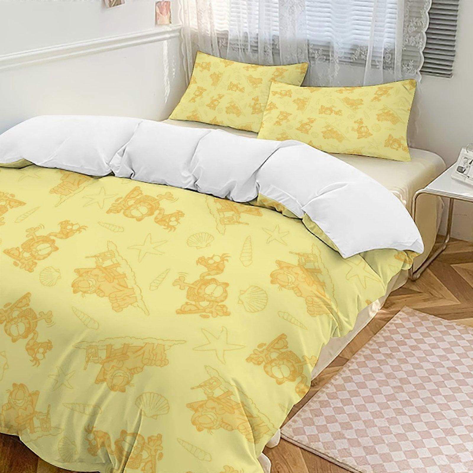 v6928  Bed Sheets Bedding Yellow Garfield Comforter Set Soft 3 Pcs Twin Bedding Sets Thicken for All Season, 1 Comforter  2 Pillow Shams  Bed Sheets  