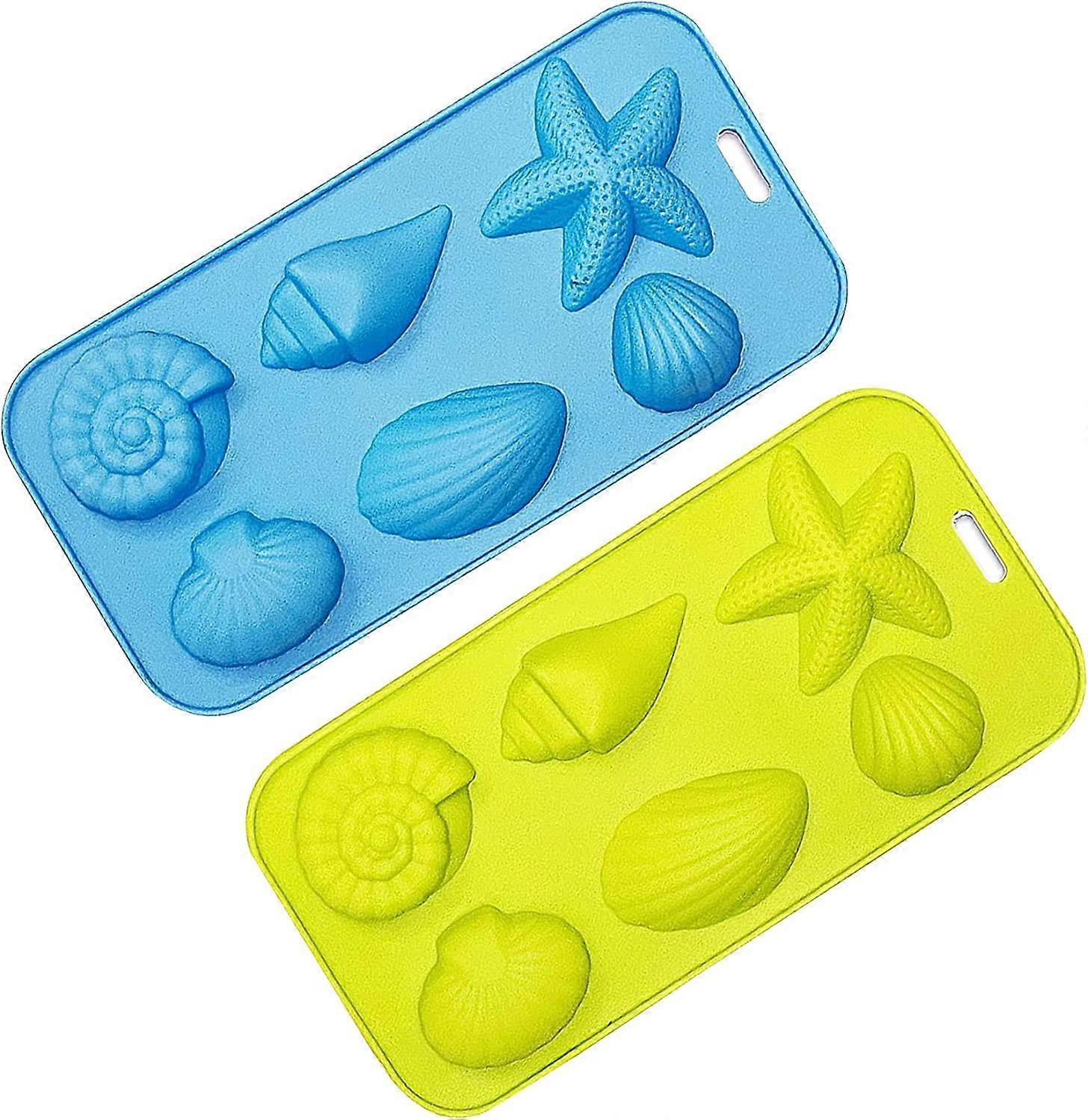 KIUATR Ice Cube Trays Silicone Mold for Ice, Jelly, Chocolate and Soap - 6 Starfish Conch Shell Shape Ice Mold, Set of 2
