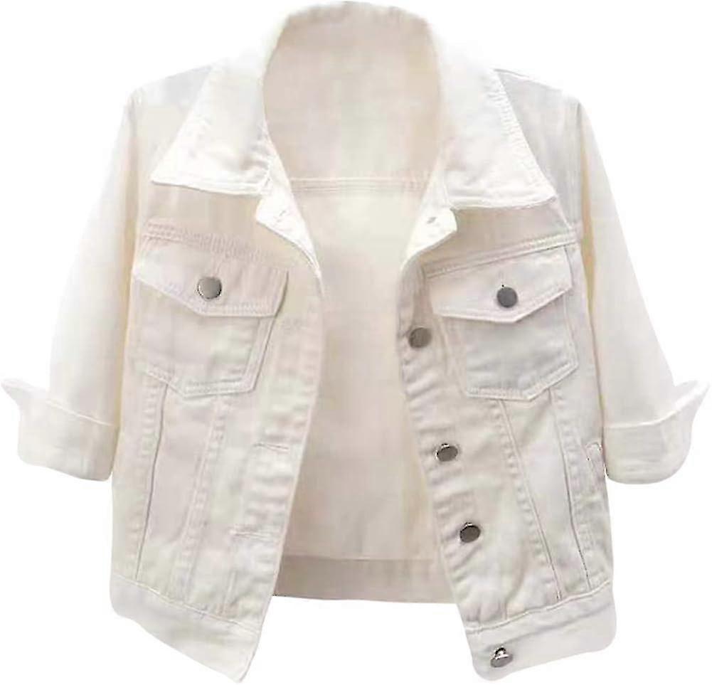 Women's Cotton Light Short Denim Jacket Button Closed 3/4 Sleeve Solid Color Jean Jacket With Pockets