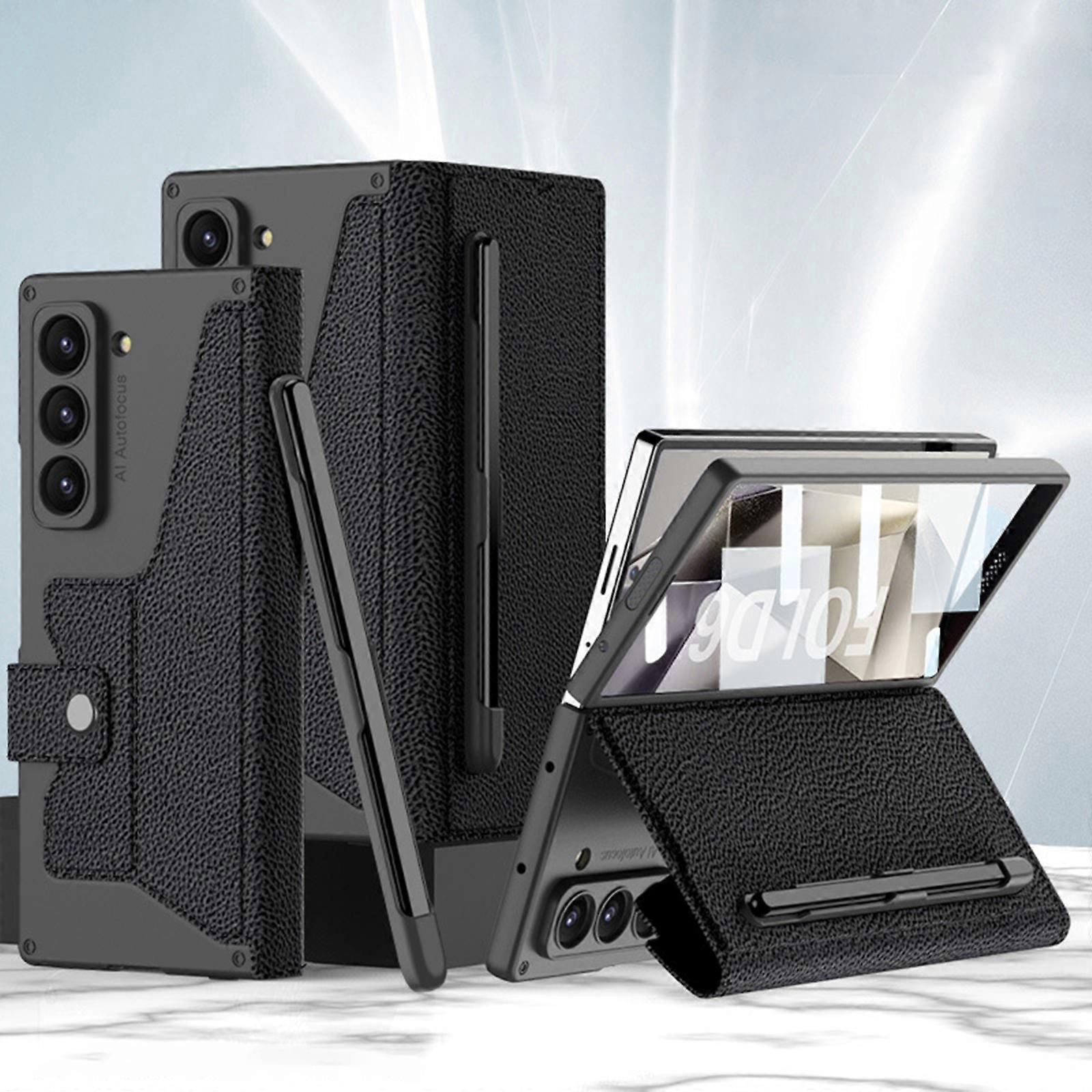 Case for Samsung Galaxy Z Fold 6 Case with S Pen Holder & Built-in Screen Protector, Anti-Shock Wallet Case RFID Blocking Protective Flip Folio Cover
