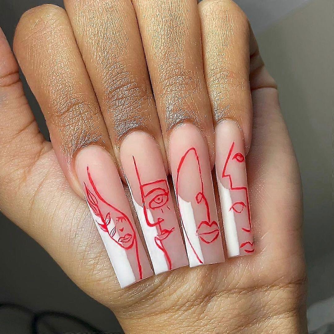 24pcs Abstract Face Nail Patch French Style Removable Long Paragraph Manicure