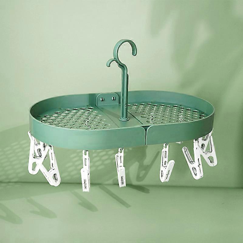 Foldable Sock Drying Rack with 14 Clips, Rotating Hook (Green)