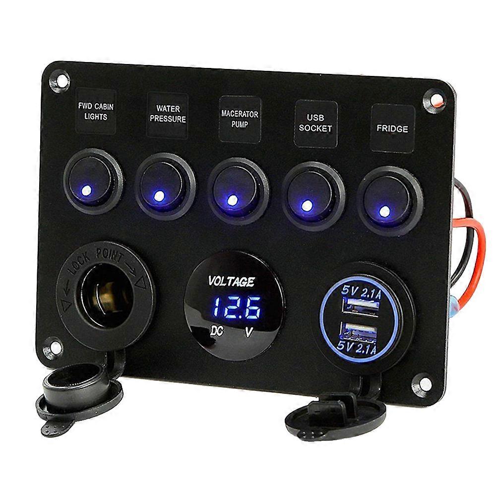 1Pc 5-button Switch Panel with Safety Fuse and Voltmeter and Double USB and Cigarette Lighter Socket for Automobile(Blue)