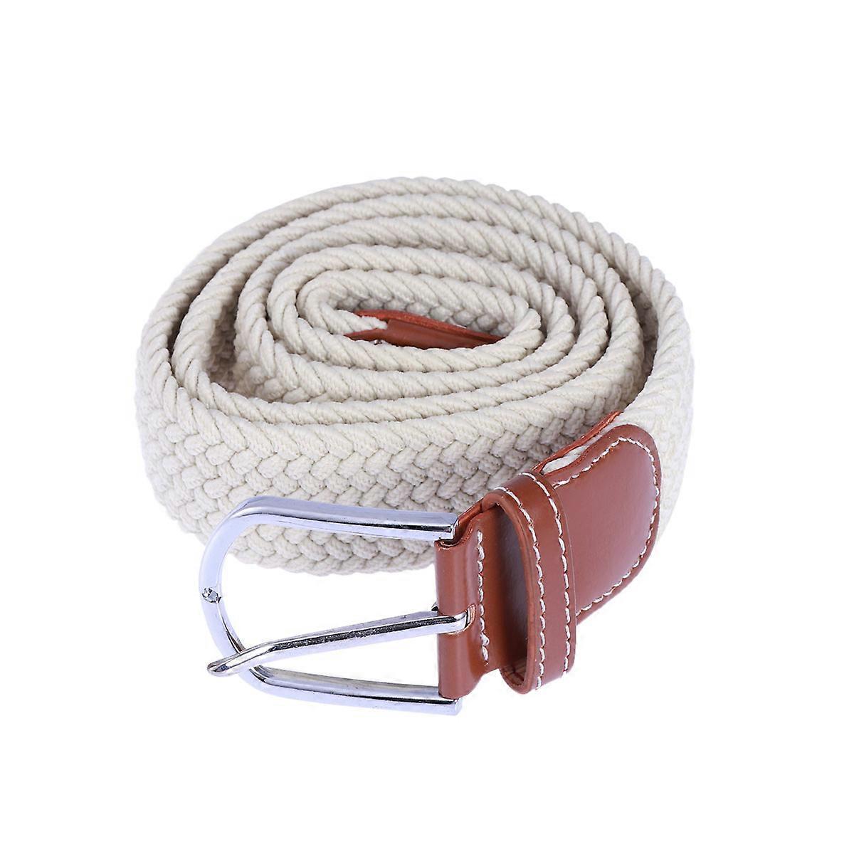 Universal Braided Stretch Belt Casual Fabric Woven Weave Elastic Belt for Men and Women with PU Leather Loop and End Tip Beige