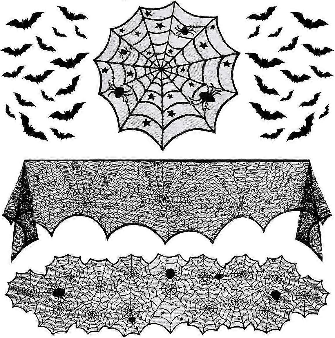 35pcs Halloween Decoration Set, Lace Table Runner and Spiderweb Round Cover