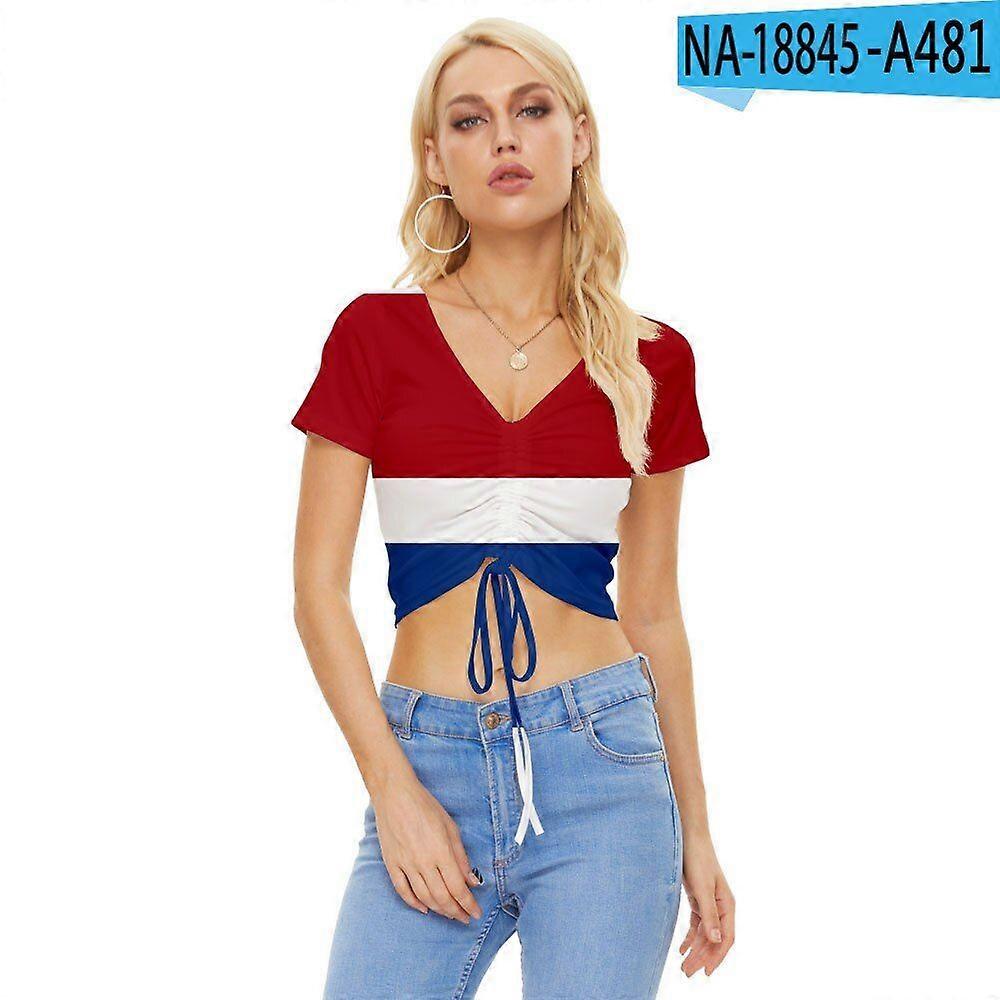 Ποδόσφαιρο Παιχνίδι Μόδα Γυναικών V Λαιμός T Shirt Αγγλία Ιταλία Εθνική Σημαία Στυλ Κορίτσι Πλισέ Δαντέλα Επάνω Ανοιχτό Ομφαλό Κοντό Μανίκι