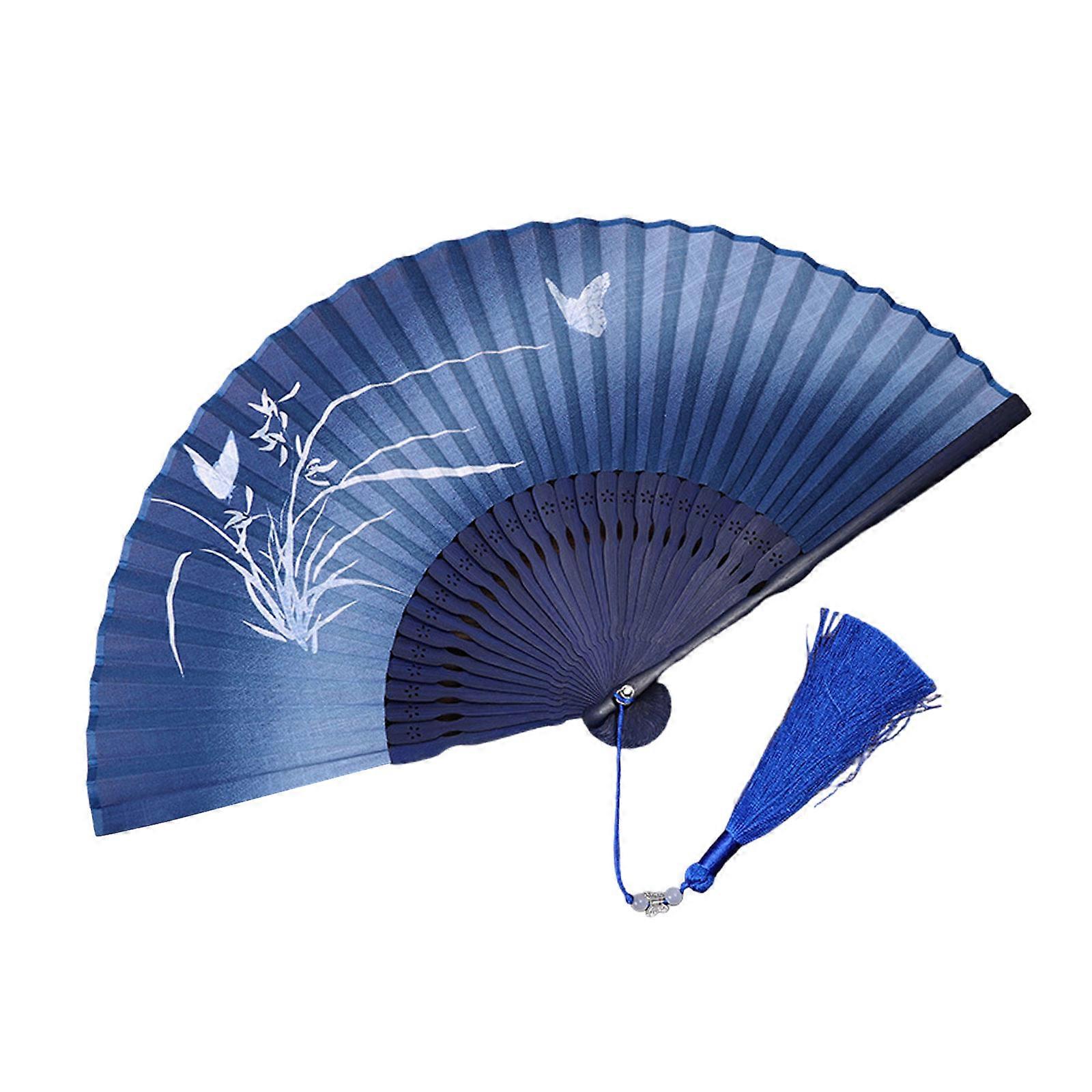 Chinese Vintage Butterfly Flower Pattern Foldable Fan Wood Frame with Cotton Linen Handheld Folding Fan with Tassels