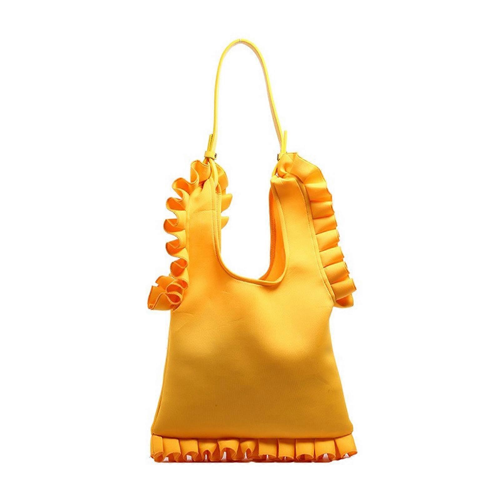 Pleated Ruffle Trim Underarm Bag Single Shoulder Handbag for Women Bright Solid Color Large Capacity Armpit Bag Purse  Yellow
