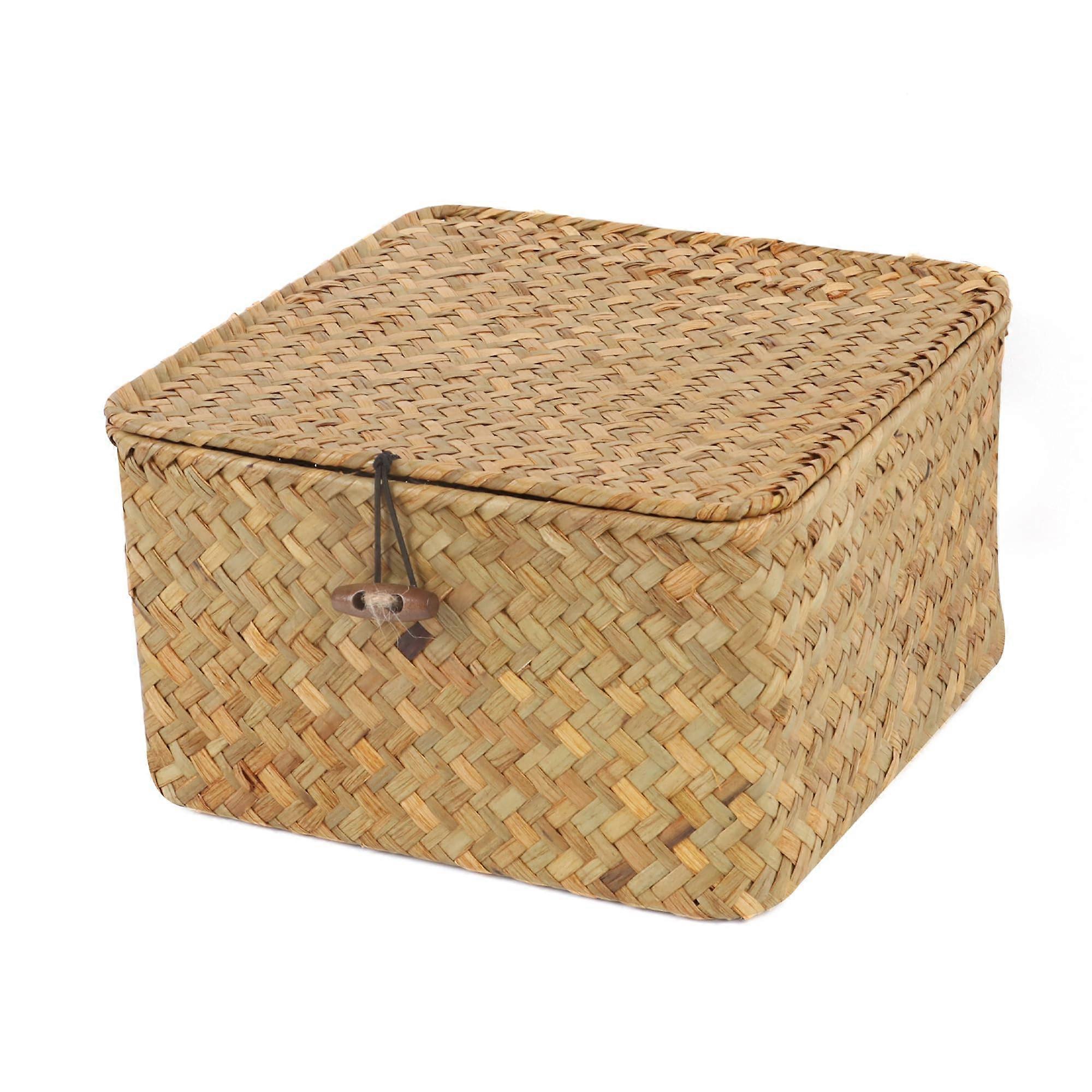 Wicker Shelf Baskets with Lid, Small Hand-Woven Storage Box for Home Decor, Natural Seaside Style Square Gift Baskets
