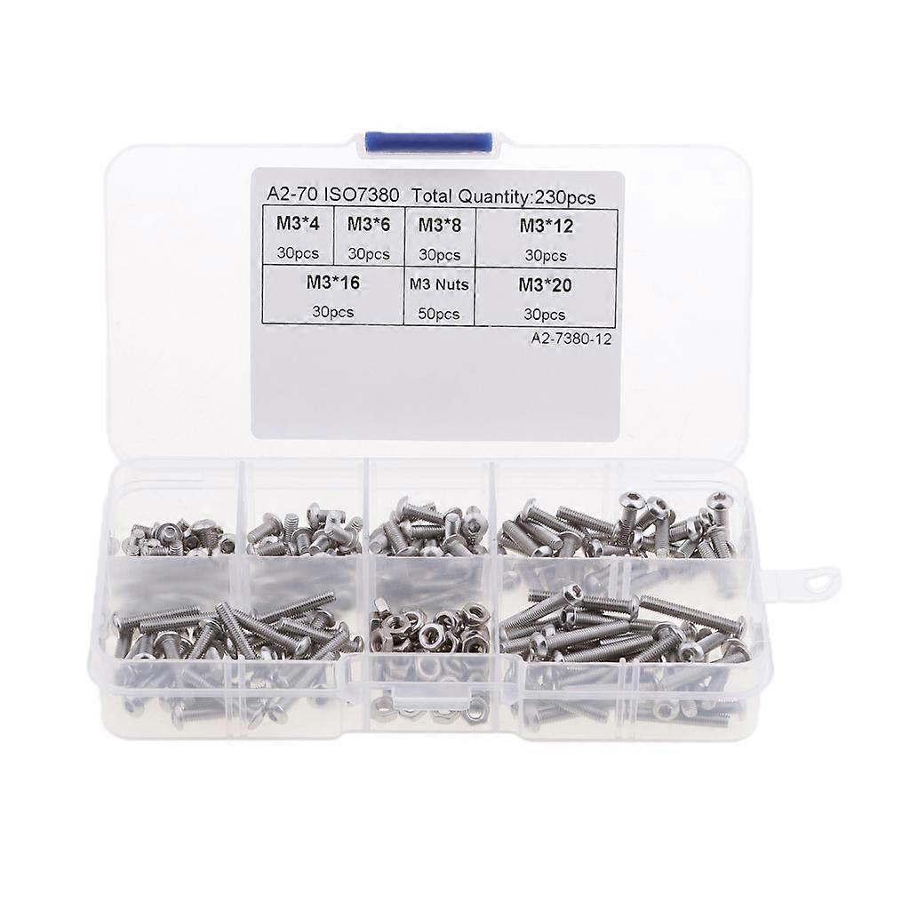 230pcs M3 Stainless Steel Hex Socket Screws With Hex Nuts Assortment