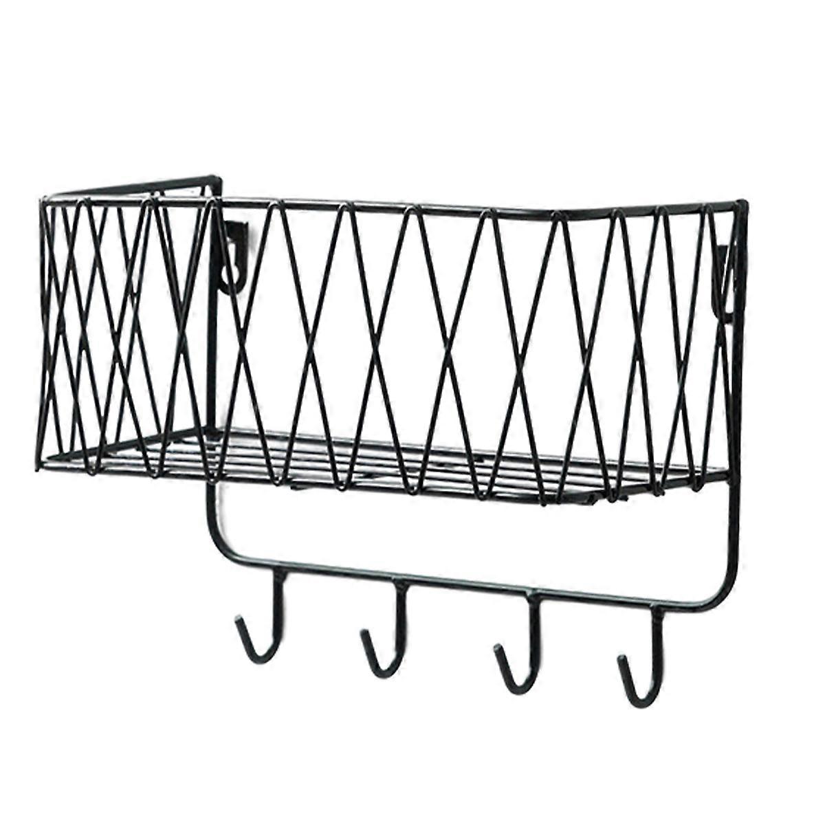 Wall Shelf Floating Shelf with Metal ，Grid Wall Shelf with Hooks， Towel Rail Wall， Wardrobe Floating