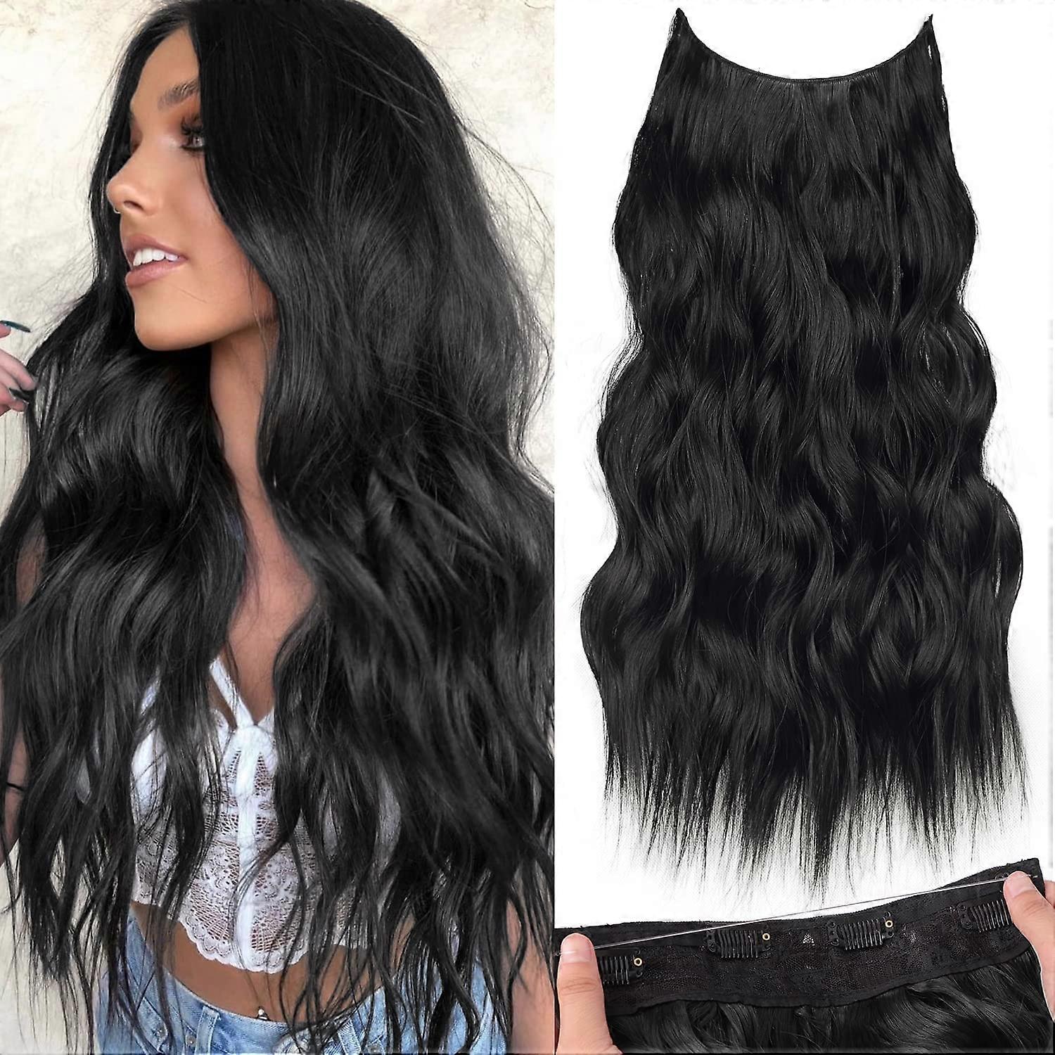 Invisible Wire Hair Extensions with Transparent Wire Adjustable Size 4 Secure Clips Long Wavy Secret Hairpiece (24 Inch, Black) 24 Inch Black