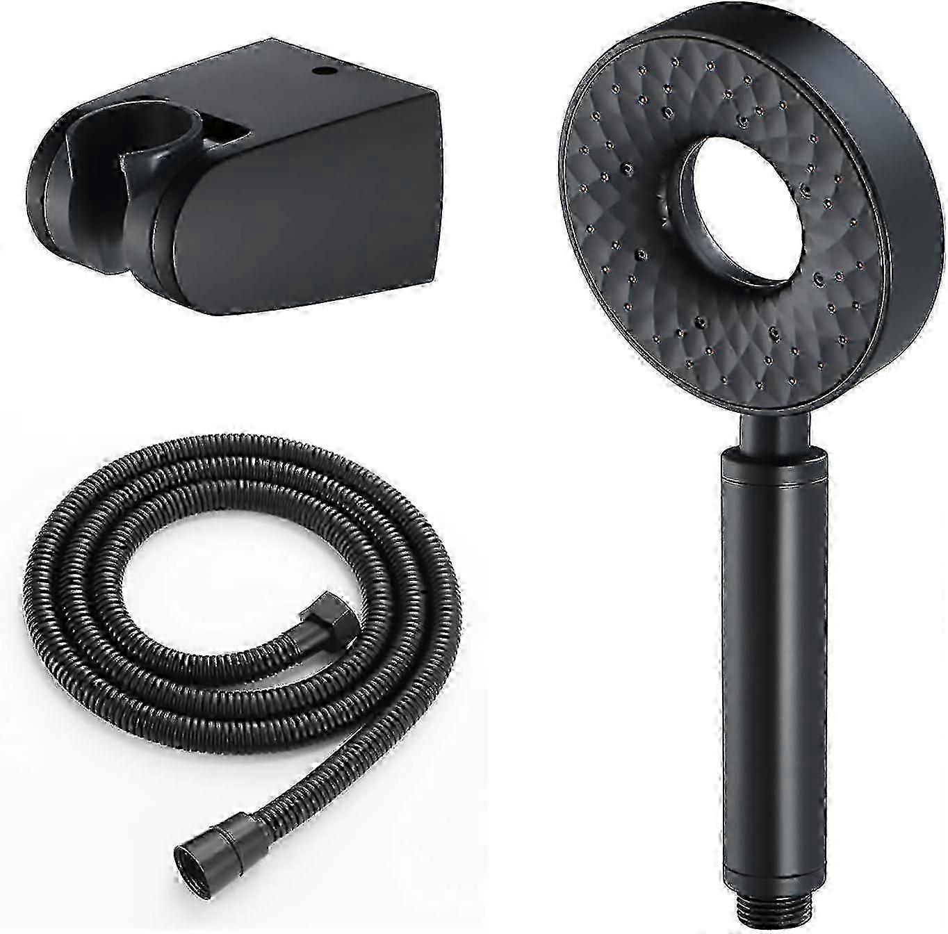 Hochdruck-Duschkopf ABS Runde Handbrause mit 1,5 m Edelstahl-Duschschlauch Handbrausekopf mit 3 Funktionen, Duschkopf mit Halter, schwarz 2