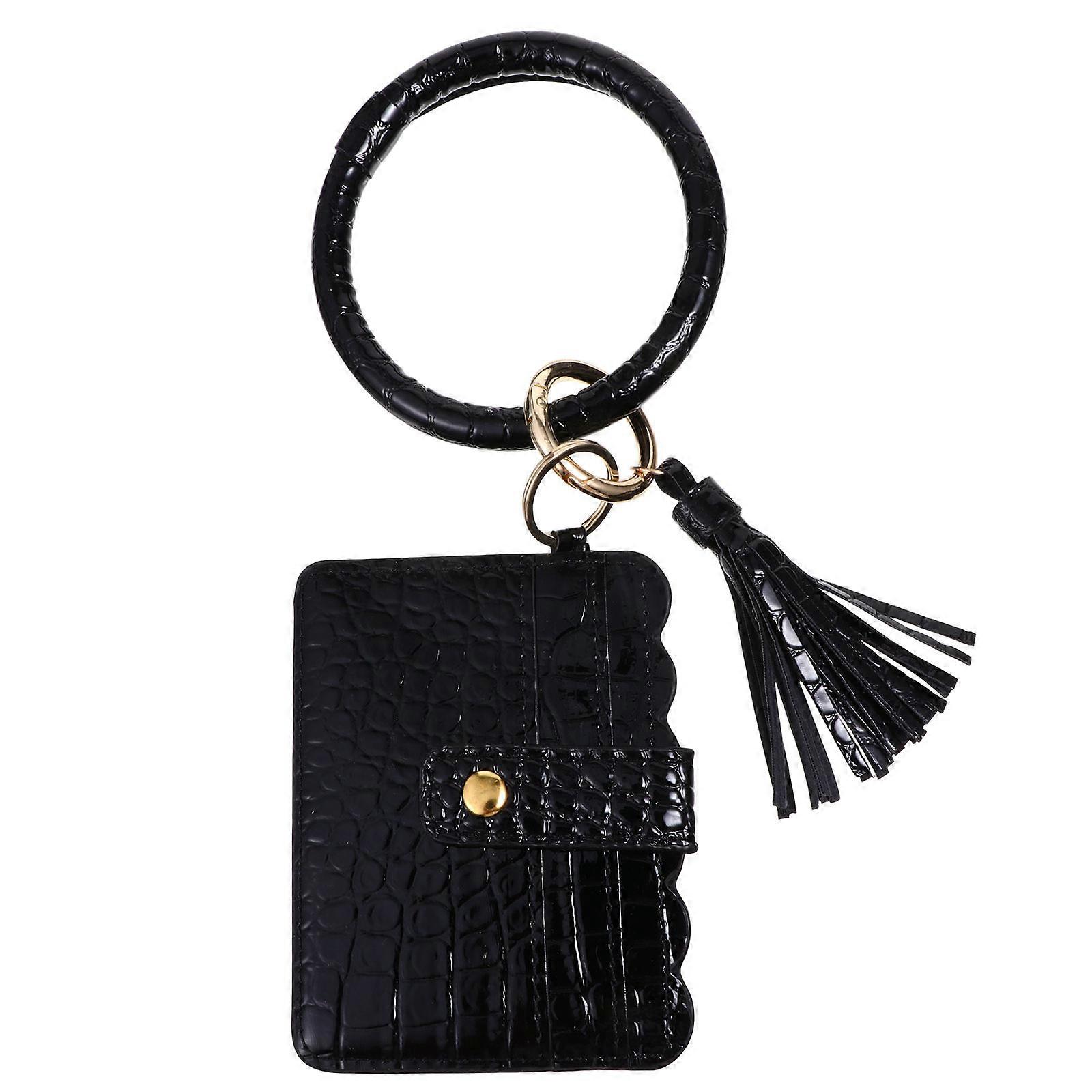 Handbag Accessory Creative Cards Bag Tassel Decor Women Fringed Bracelet Key Chain Bag Black 24.5x10.8x8.3cm Keychains 1Pack