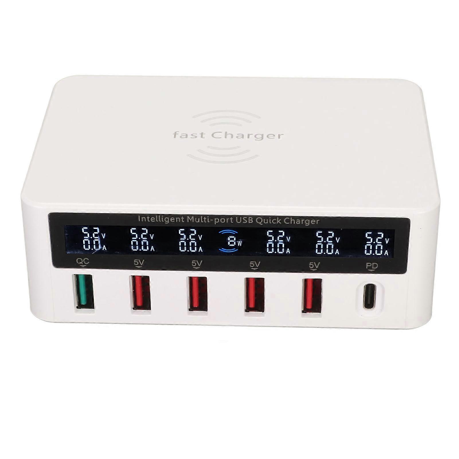 100W 6-Port USB Charging Station with Wireless Fast Charging and LED Display UK Plug