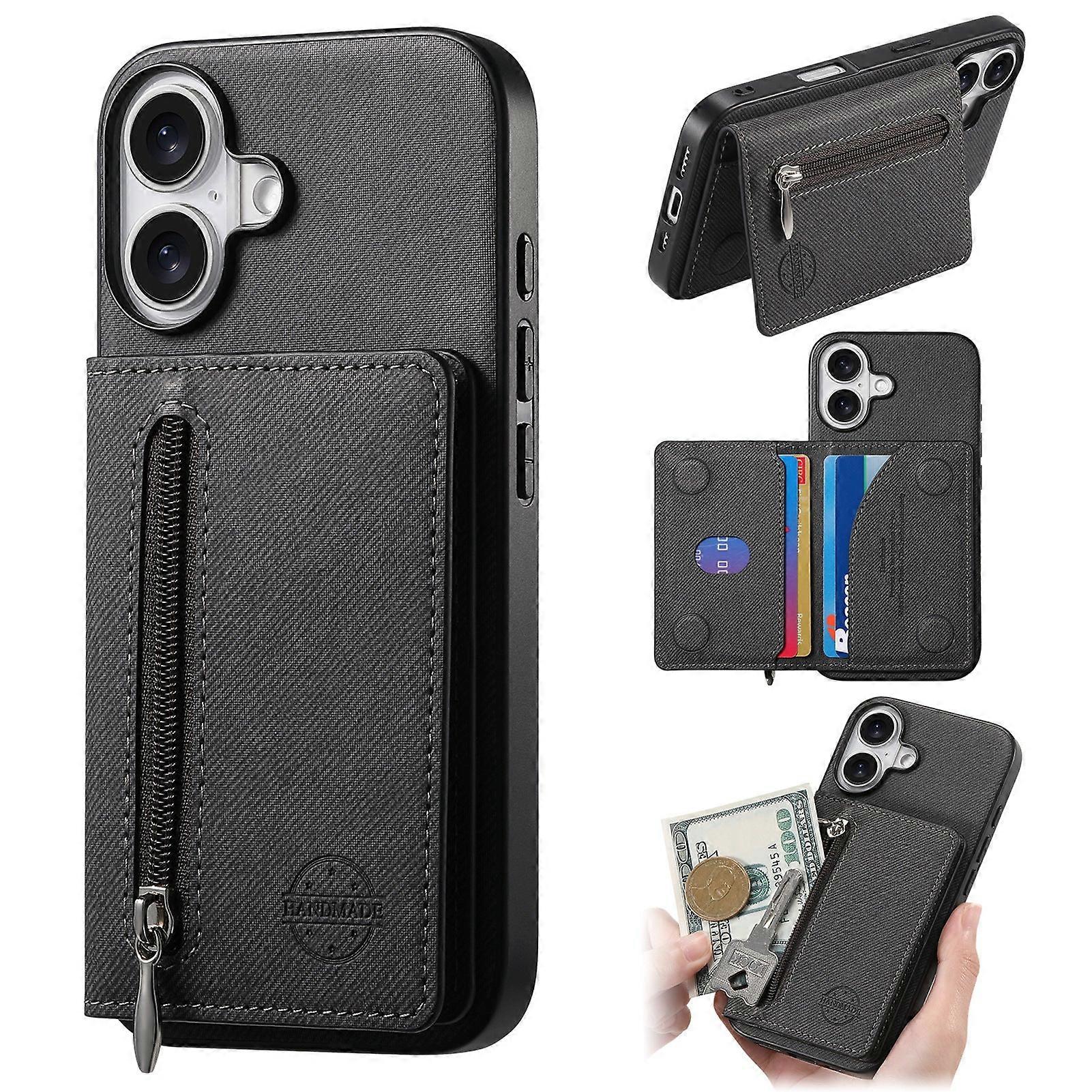 جراب لآيفون 14 برو أسود حامل بطاقة تخزين كبير ضد السقوط جلد سادة رقم 6106