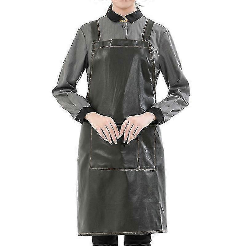 Faux Leather Waterproof Work Apron with Pocket Solid Color Kitchen Oil Proof Bib