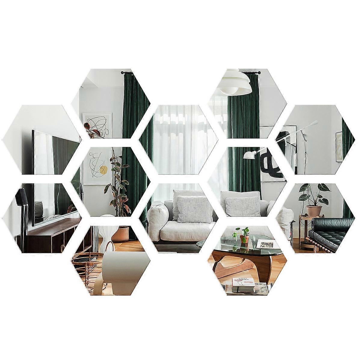 DIY Mirror Sticker Hexagonal Wall Sticker Kitchen Office Bathroom Silver 4x4cm Geometric Mirror Wall Stickers 12Pack