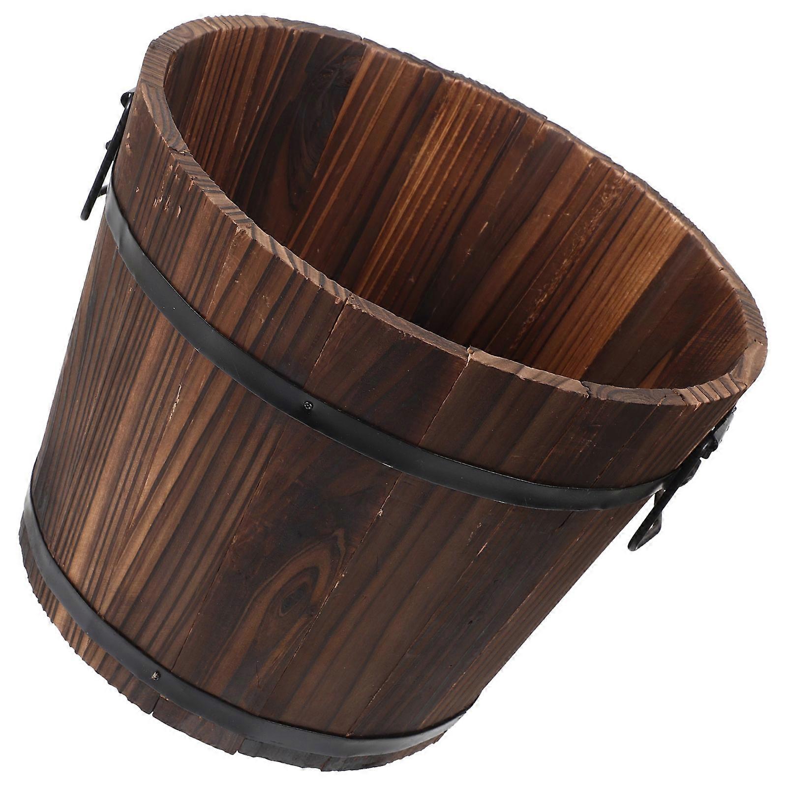 Wooden Planter Solid Wood Carbonized Wooden Bucket For Patio Container Home Decor Rustic Style 30.00X24.00X23.00CM 1Pcs
