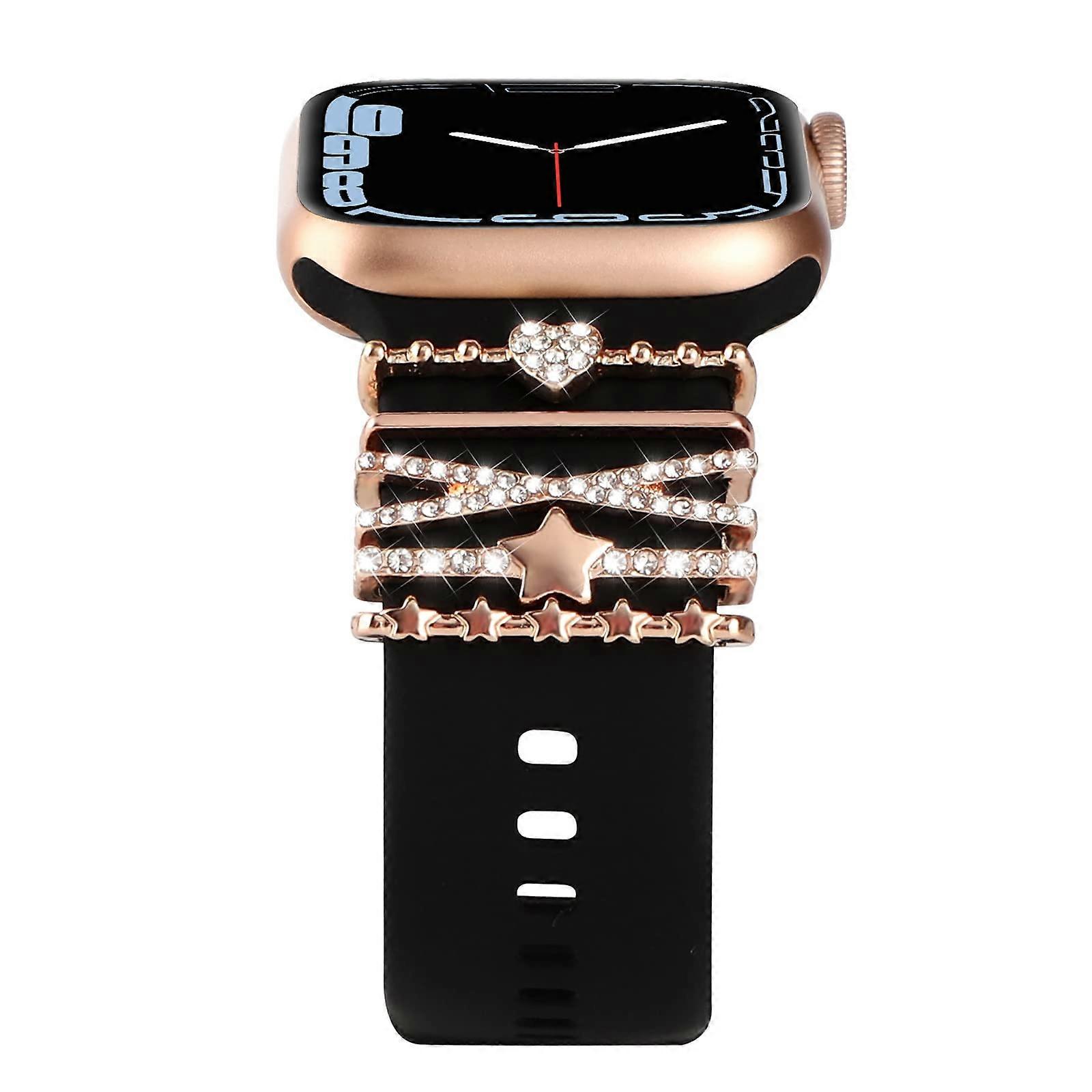 Encantos de Pulseira de Relógio Anéis Decorativos Loops Compatíveis com Apple Watch, Acessórios de Pulseira de Relógio de Metal Slide Charme Diamantes Ouro Rosa