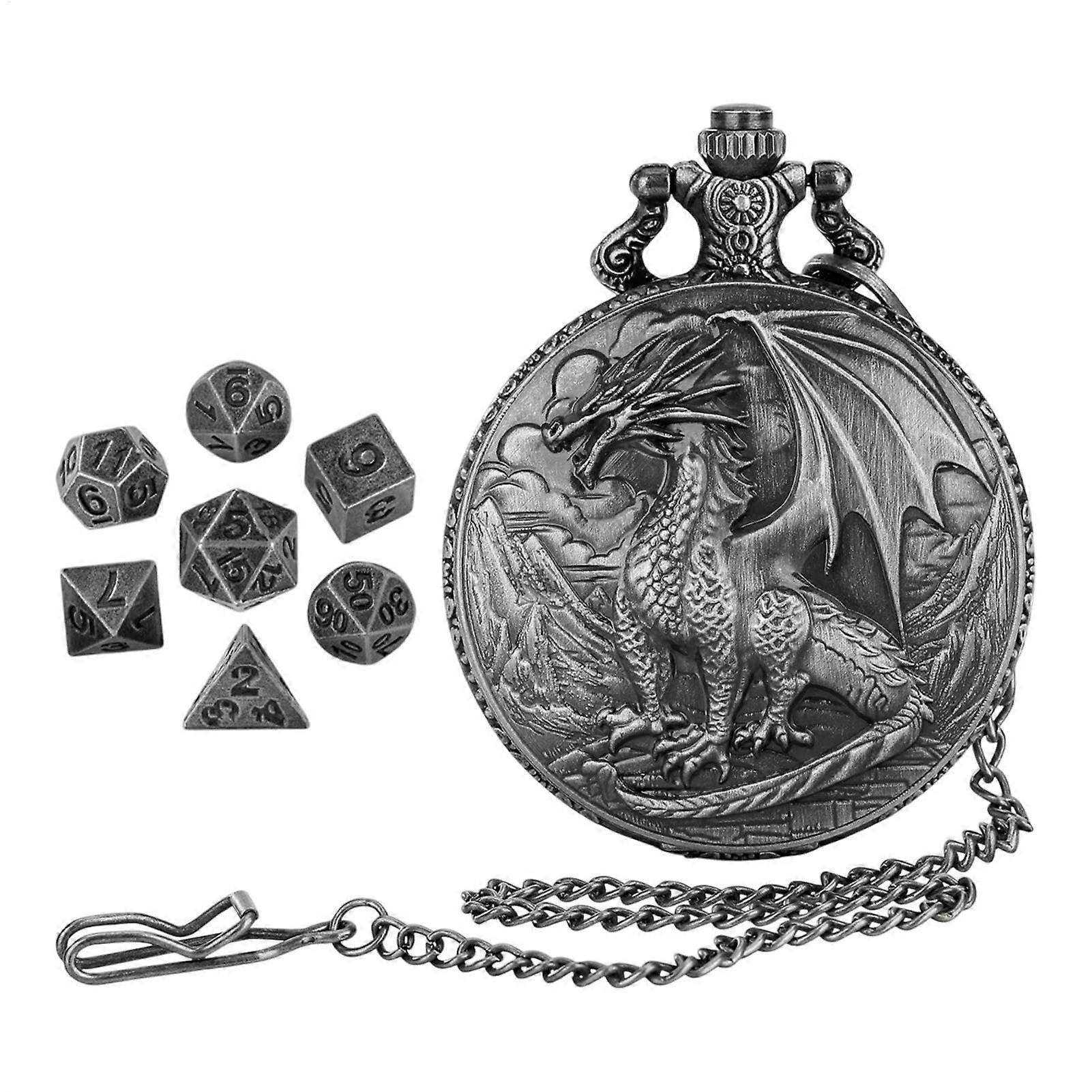 "Dice Pocket Watch Case with Dragon Engraving, Silver Pocket Watch Shell with 7 Dice Set, Medium Size"