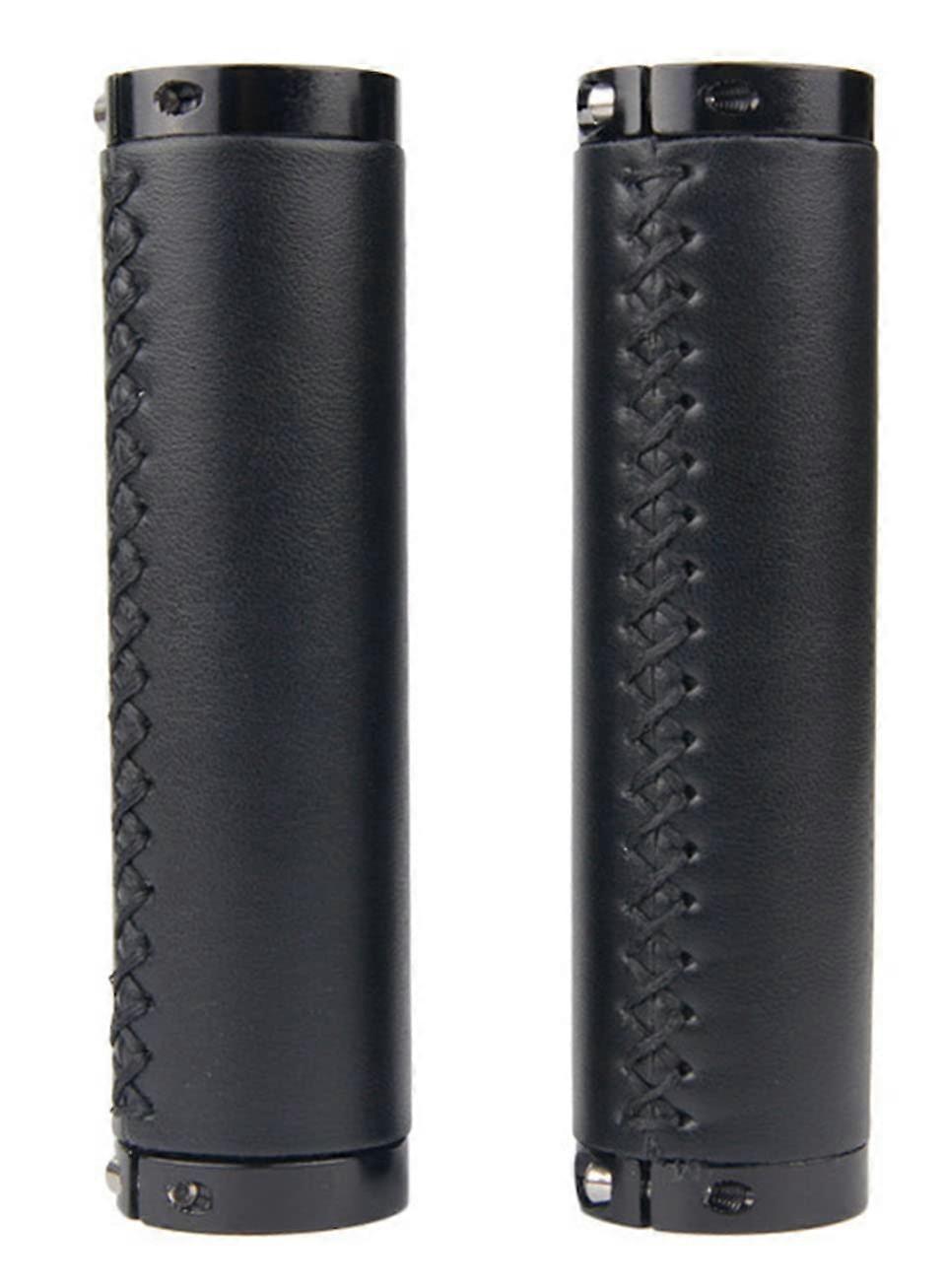 Retro Cowhide Leather Bicycle Grips, Vintage Alloy Handlebar Grips, Cycling Steering Wheel Grips, MTB Grips with Lock (Black).