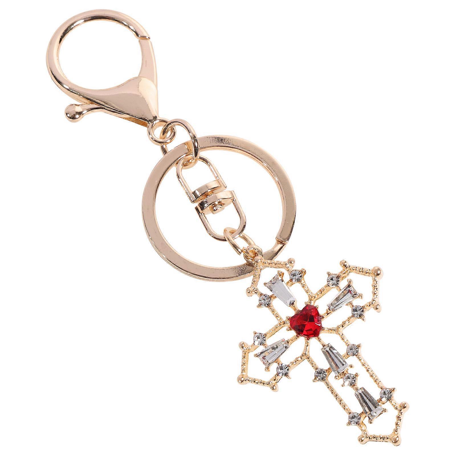 FRCOLOR Alloy Cross Pendant Shiny Rhinestone Decoration Key Chain 1 Set European Style Key Ring