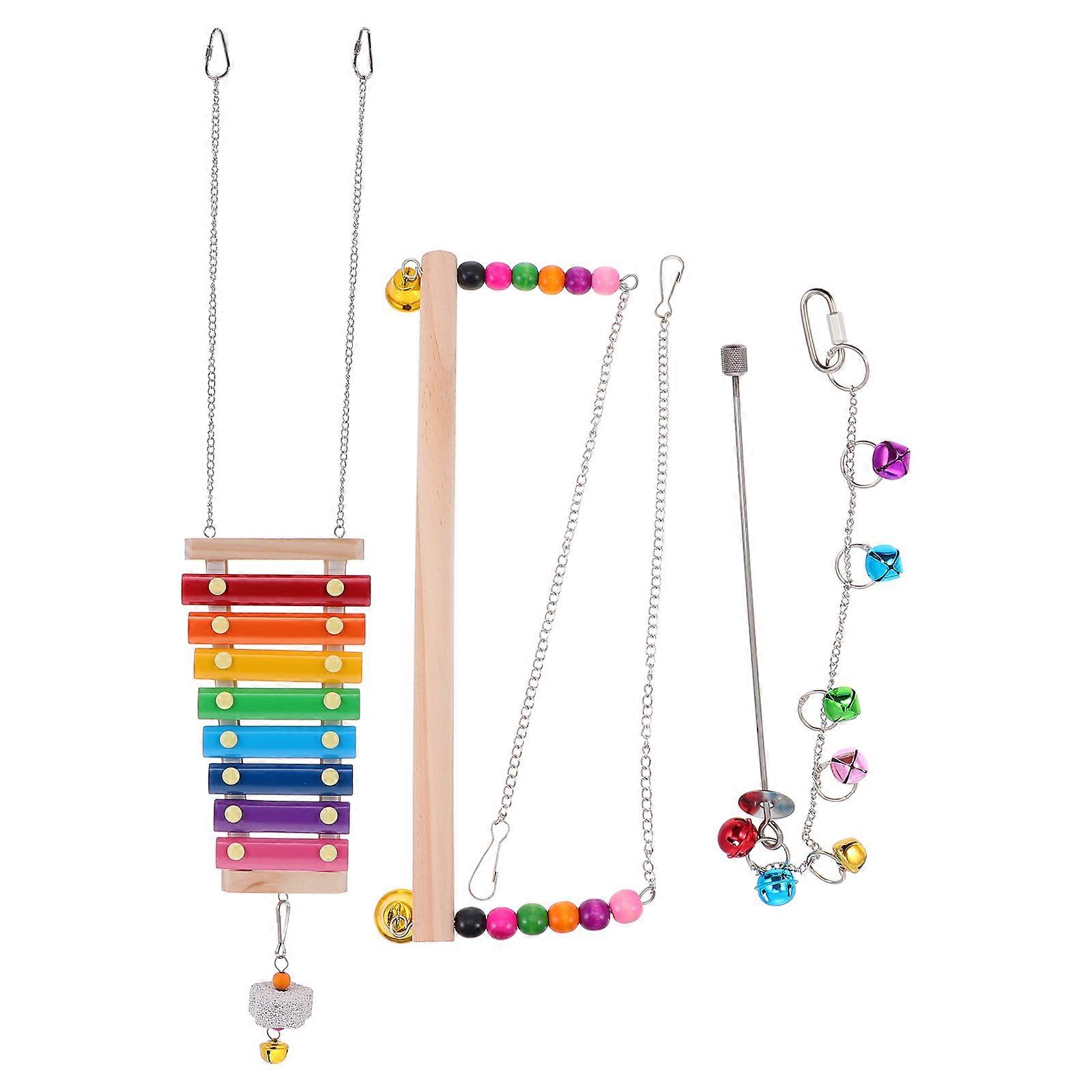 Wooden Standing Frame for Pet Birds and Chickens 3 Piece Set Includes Perch Fork and Toy Xylophone