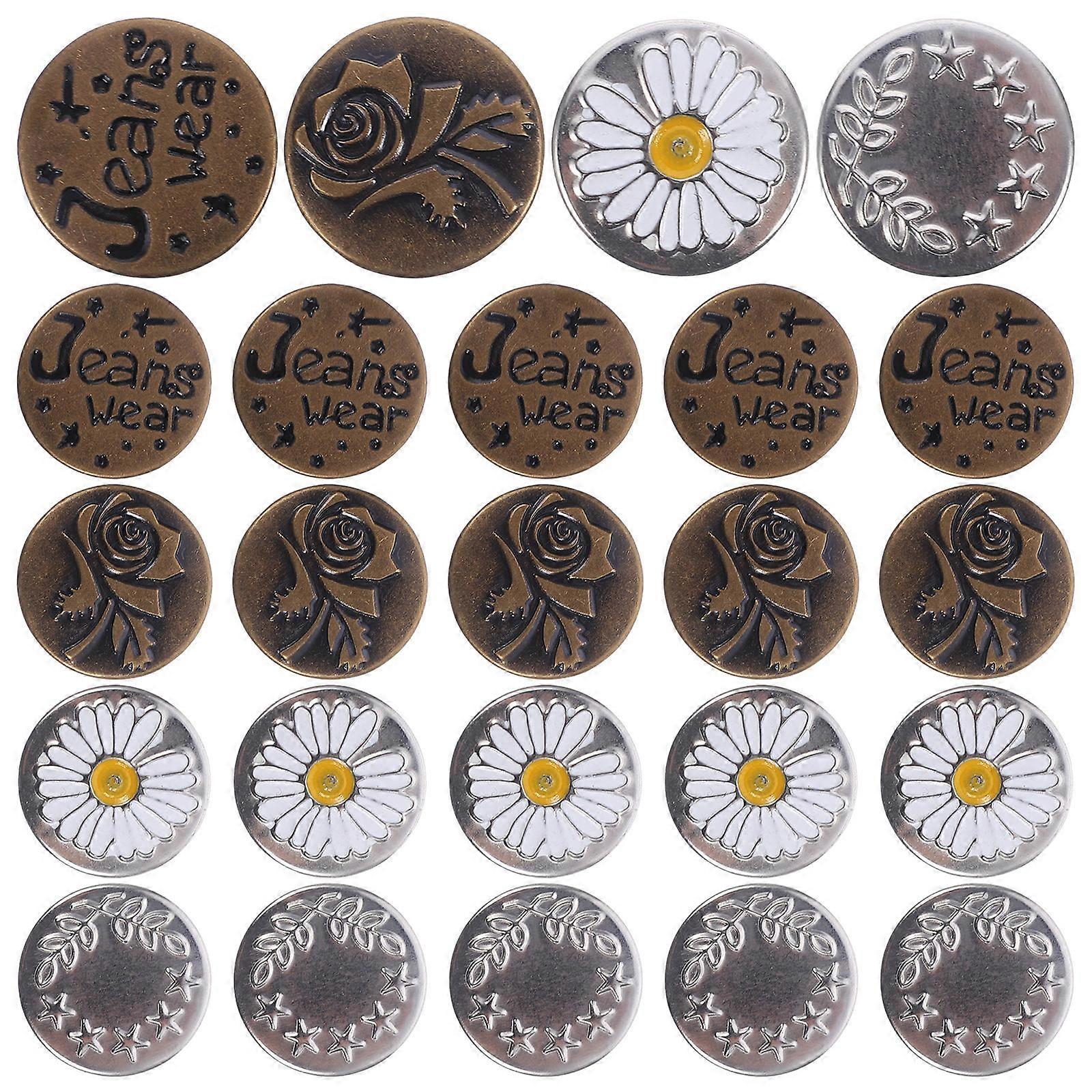 Metal Jeans Button 1 Set 48Pcs Adjustable Detachable Round Buttons For Tailoring Adults Coffee Silver Design