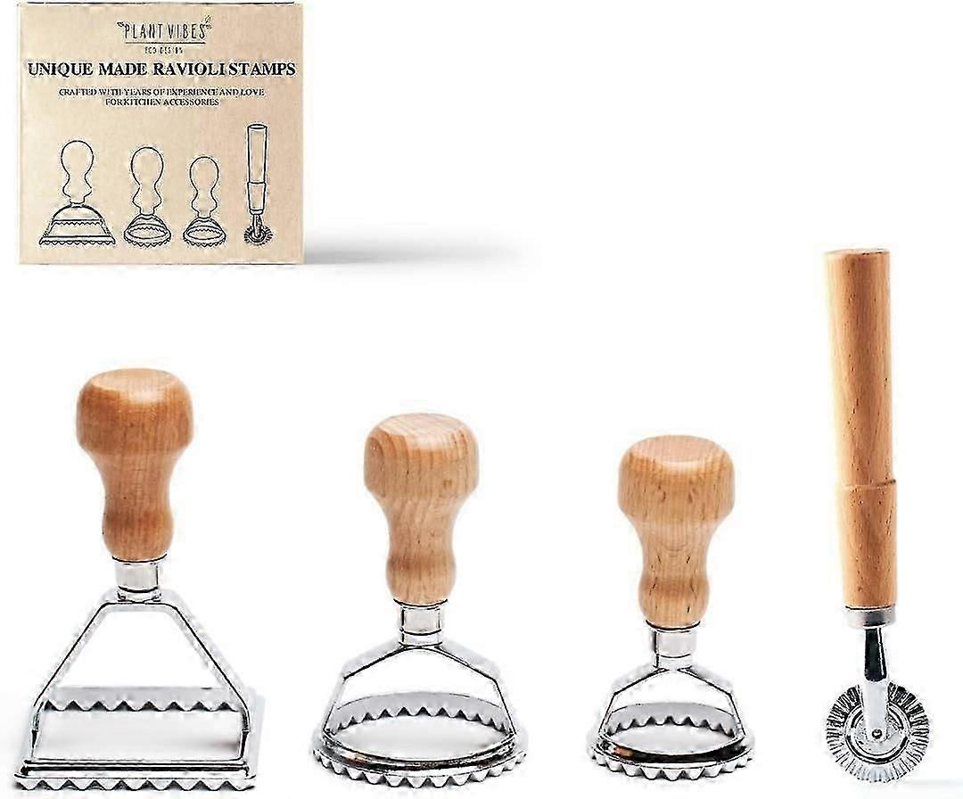 Ravioli cutter set of 4, 3 beautiful ravioli shapers with wooden handle, ravioli stamp and ravioli cutter