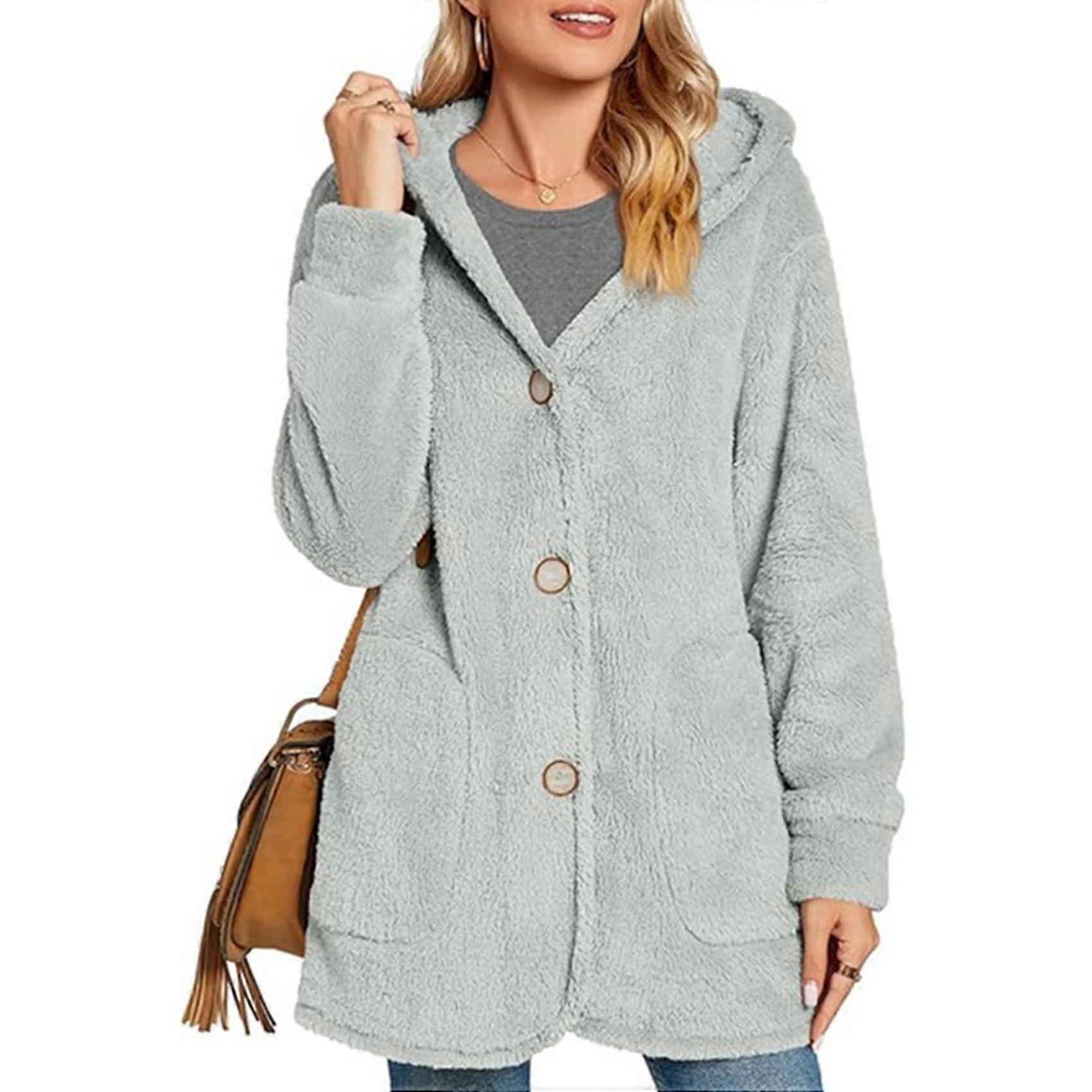 Autumn And Winter Women's Hooded Buttoned Lapel Casual Solid Colour Coat With Pockets Size M Light Grey