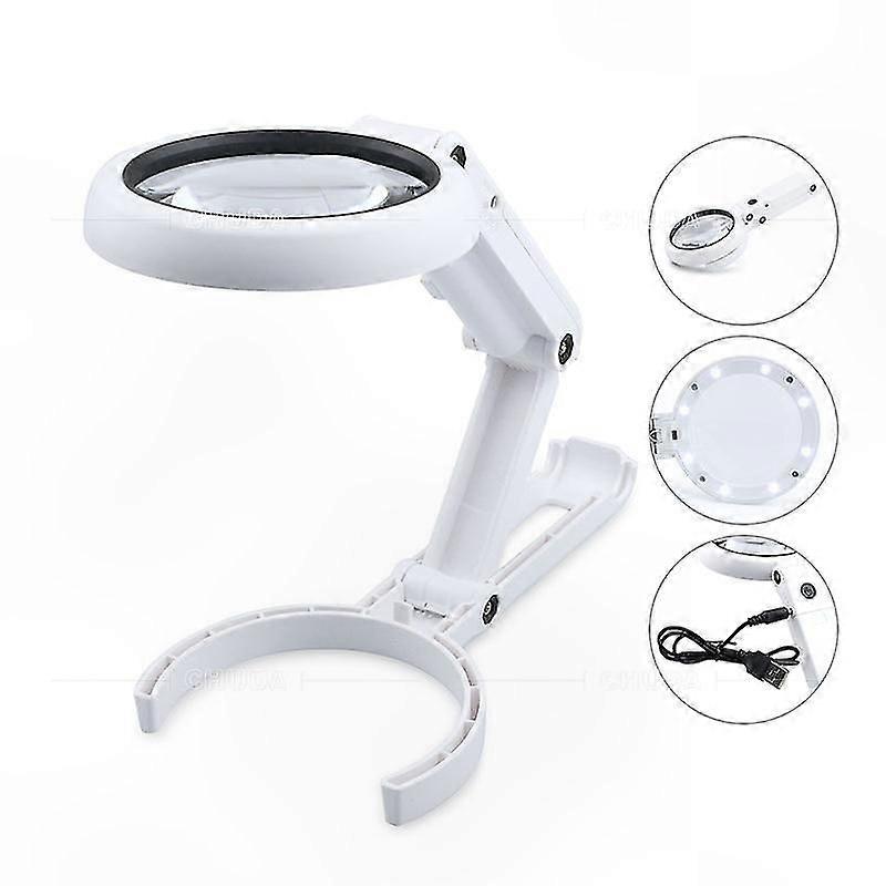 Portable Magnifier with 8 LED Lights - USB Rechargeable and Battery Powered - Foldable Stand for Reading and Inspection