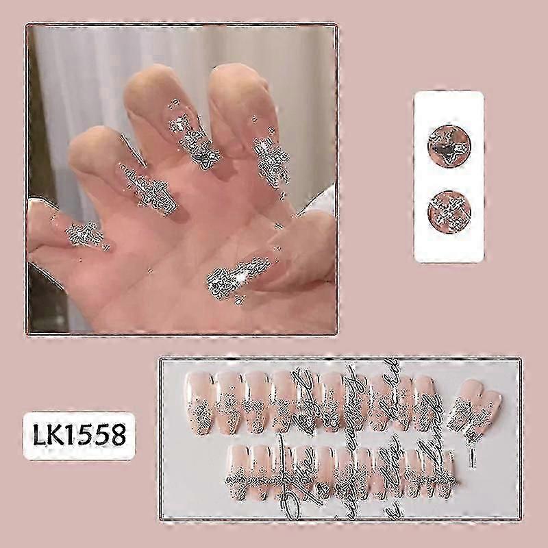 24個ゴールデンバタフライネイルパッチ、スイートスタイルグルーオンリムーバブルロングネイル