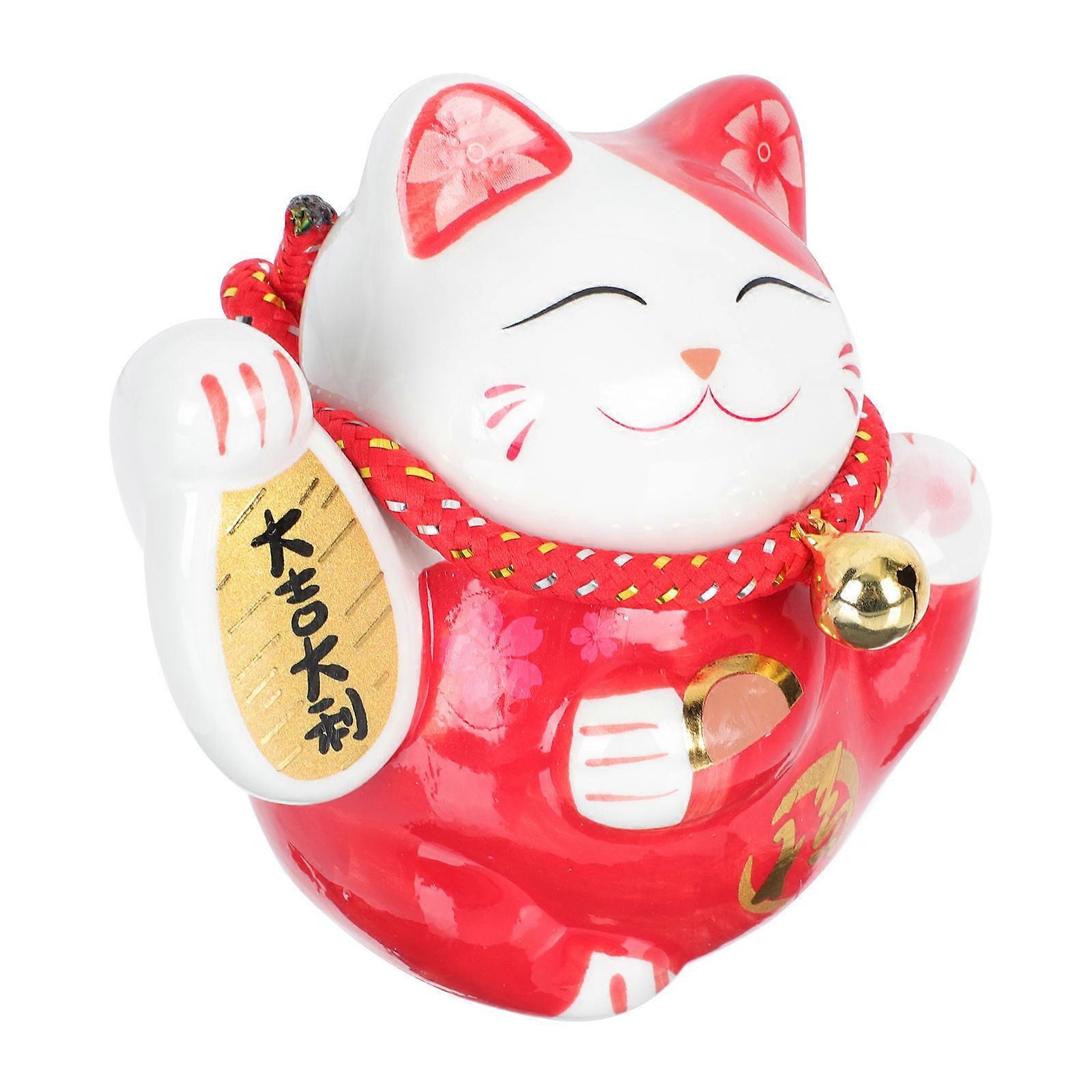 Ceramic Cat Statue Fortune Cat Household Decor Red Ceramic Material for Gift 1Set