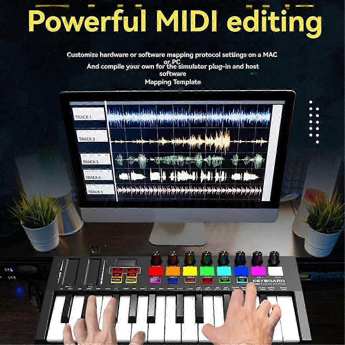 Mini Portable MIDI Control Keyboard with USB, Sequencer, Backlit Drum Pads, 8 Knobs & OLED Display