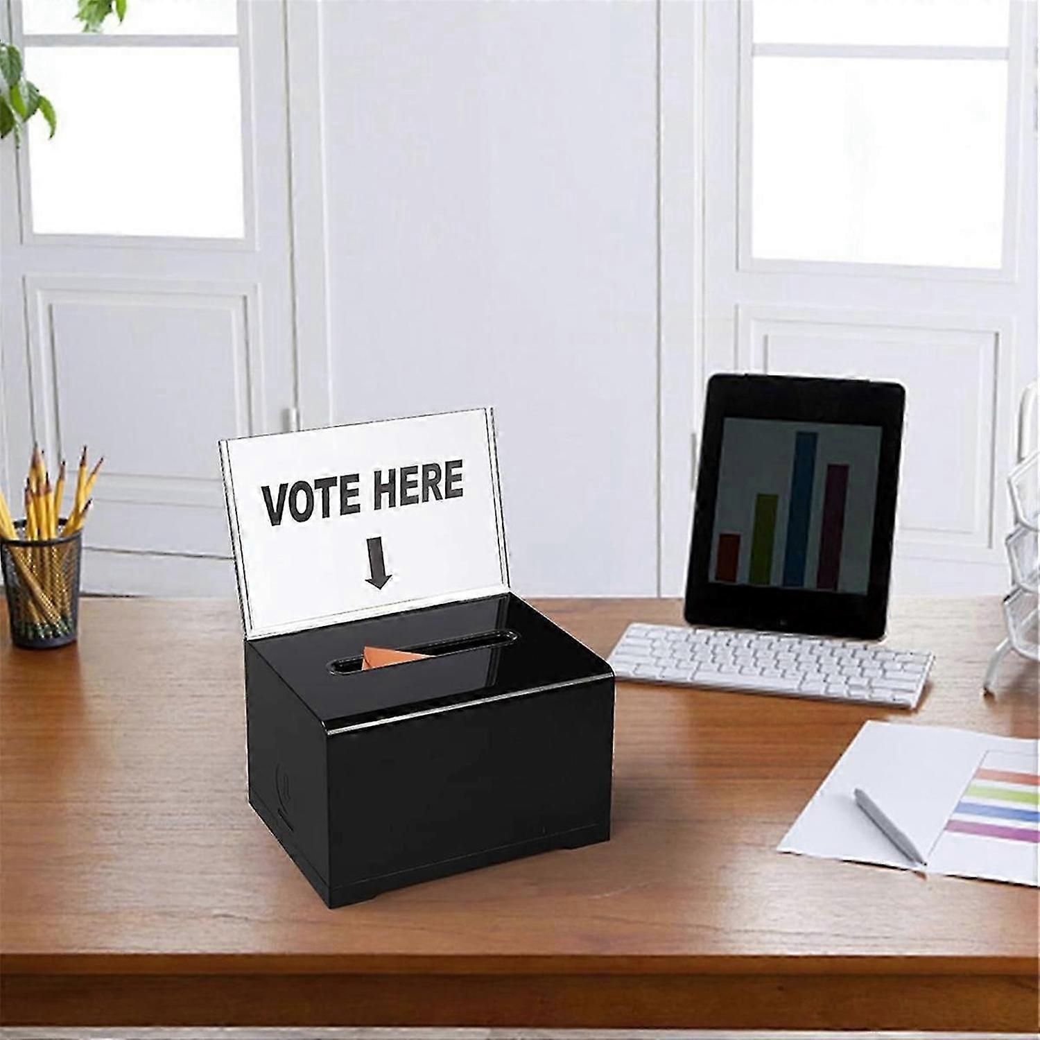 Acrylic Donation Box with Lock, Black Ballot Box with Sign Holder