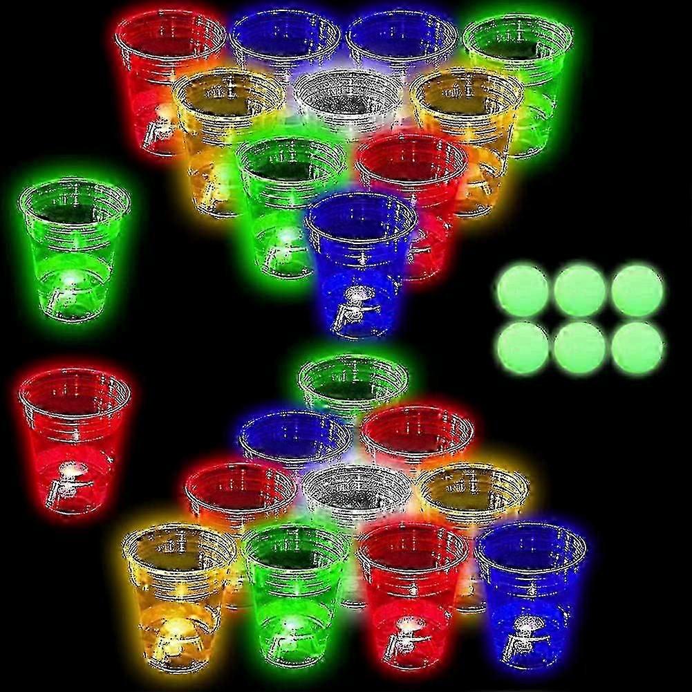 Glow in The Dark Beer Pong Set,Partyspel för Beer Pong-bord,22 Light up Cups (5 färger) och 6 Glow Balls,Night Gams för inomhus utomhus Party Event-I