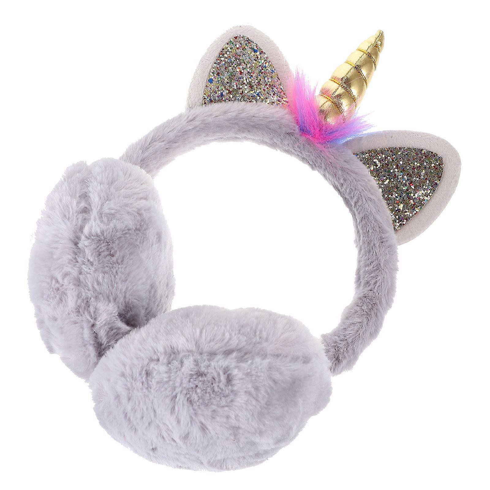 Ear Warmers Unicorn Theme Earmuffs for Adults and Kids 2Pcs Grey Plush