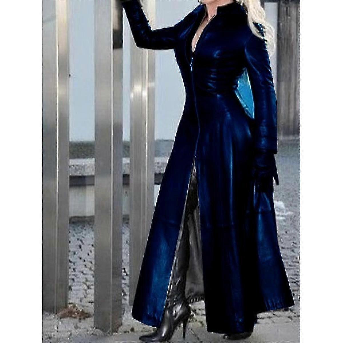 A Women's Large Size, Solid Color, Long Sleeve, Leather Coat with a Lapel and a Slim Fit Zipper