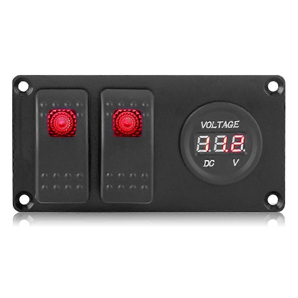 2 Gang 12-24V Red LED Rocker Switch Panel with Voltmeter for Car RV Marine Boat