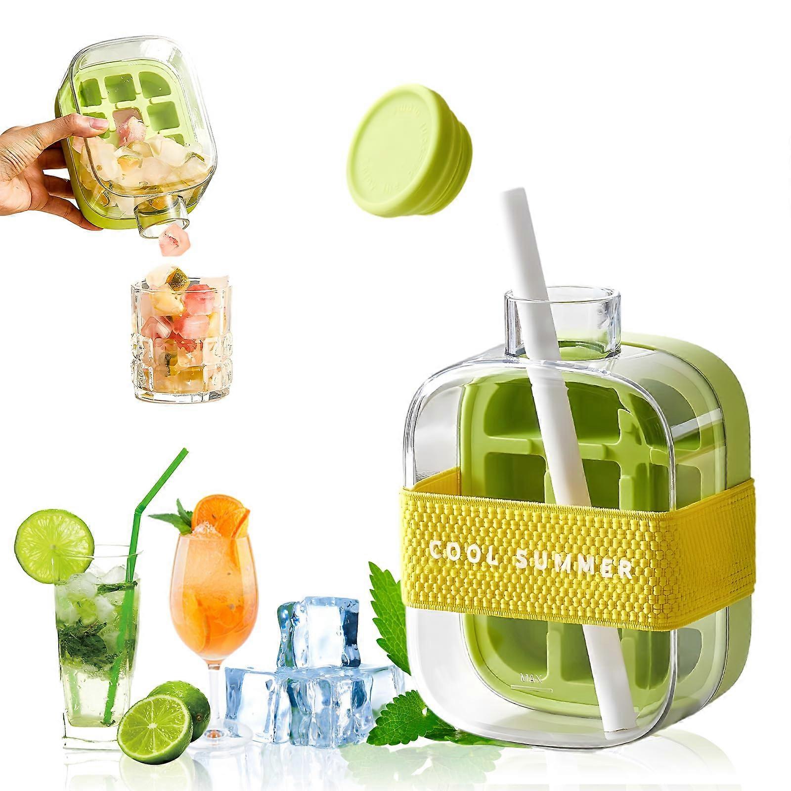 2 in 1 Water Bottle Ice Cube Tray Mold 500ml Touch Press To Release Bottle With Lid And Straw For Coffee Or Juice