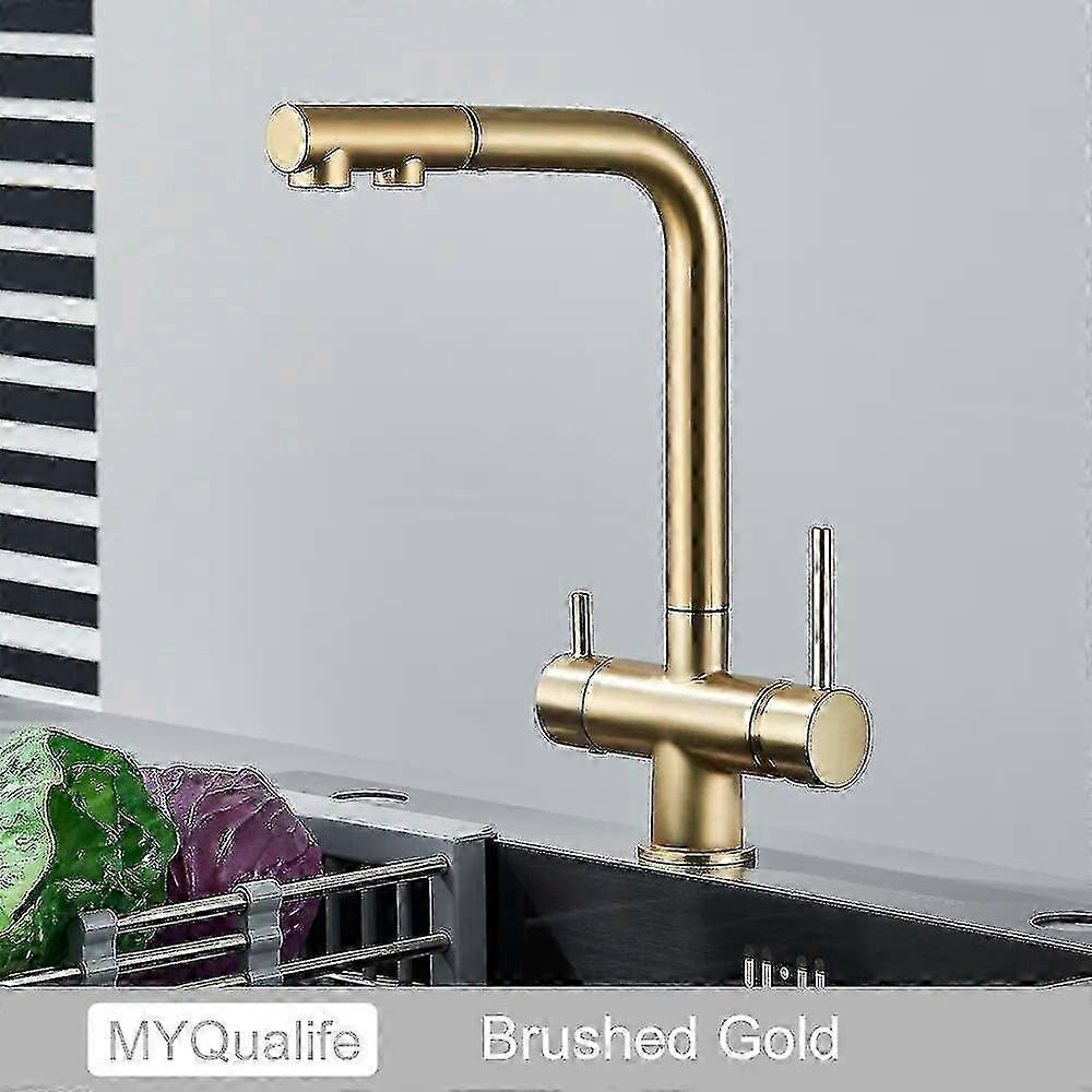 Chrome Brass Pull Out Filtered Kitchen Faucet Dual Handle Hot Cold Drinking Water 3-way Filter Purification Mixer Taps - Mxbc