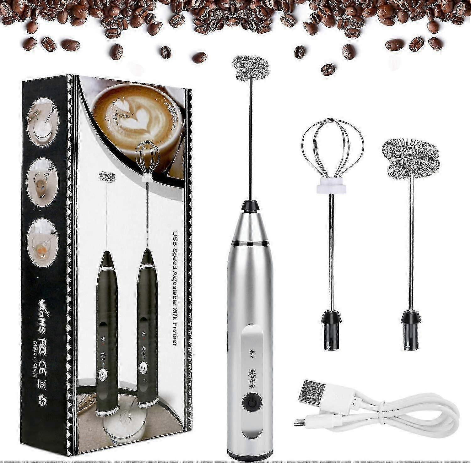 Electric Milk Frother Handheld Foam Maker Usb Egg Beater Rechargeable Drink Mixer With 3 Speeds Silver