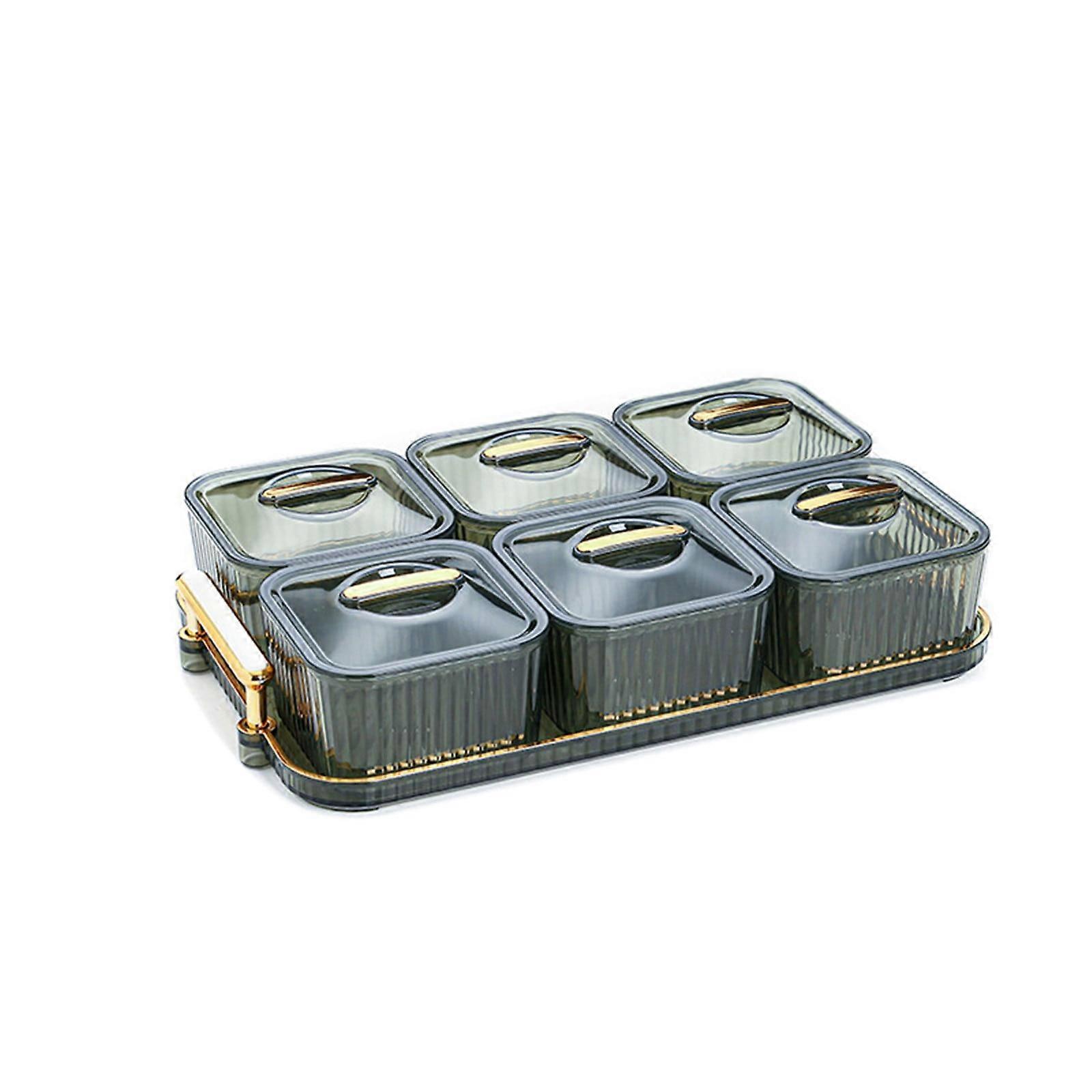 6-Pc Removable Bowls Snack Tray Set, Plastic Compartment Dish with Lid & Handle, Compatible with Fruit, Nuts, Candy, Chips