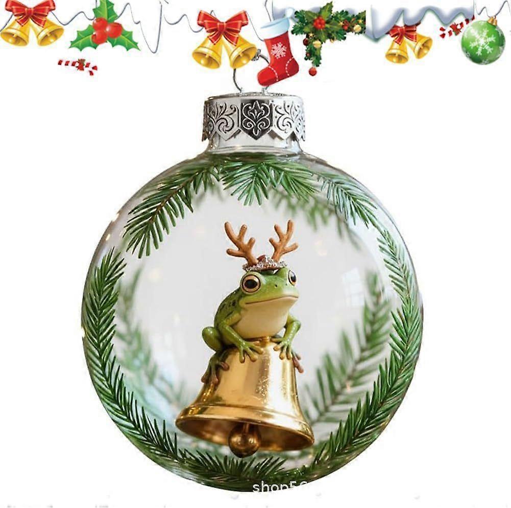 Frog Christmas Ornament, 3D Blown Froggy Hanging Clear Plastic Xmas Crystal Ball, Tree Festive Toads Holiday Decoration with Festive Scenes, Vivid Ani