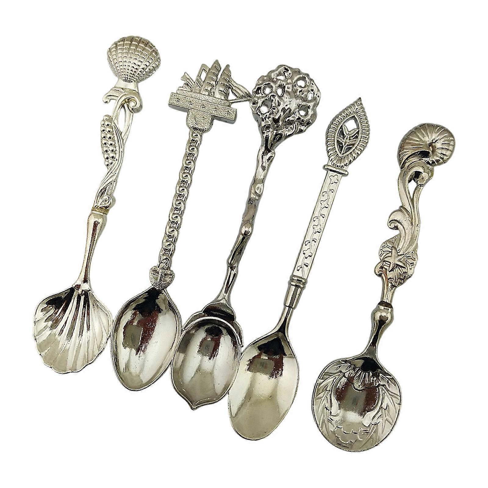 Artistic Embossed Ergonomic Spoons 5 Piece Alloy Utensils Set Durable Alloy Tableware Collection For Dining Convenience  Silver