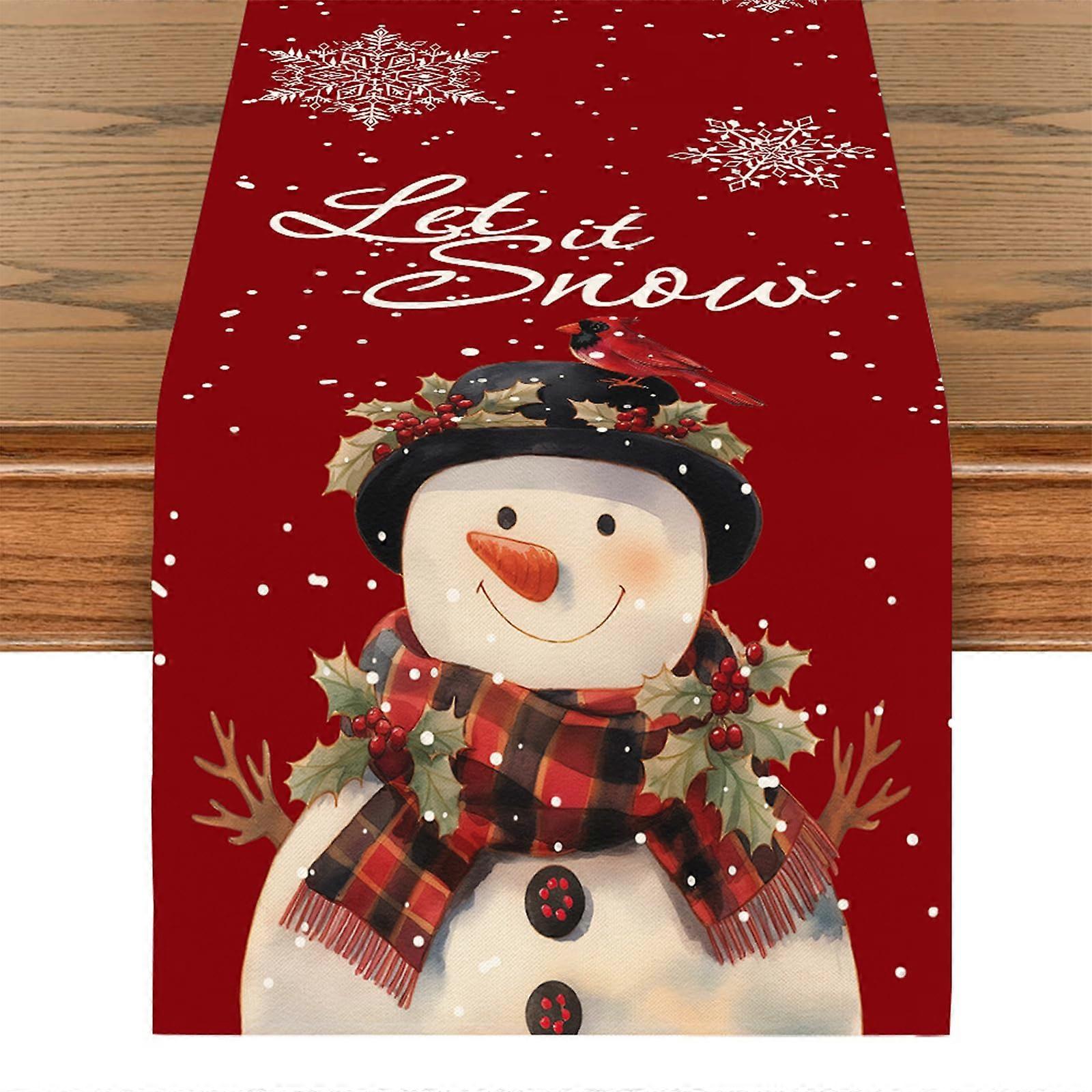 Christmas Table Runner with Snowman and Snowflake Design, Red Merry Xmas Decoration for Indoor Outdoor Dining Table, 33 x 183cm