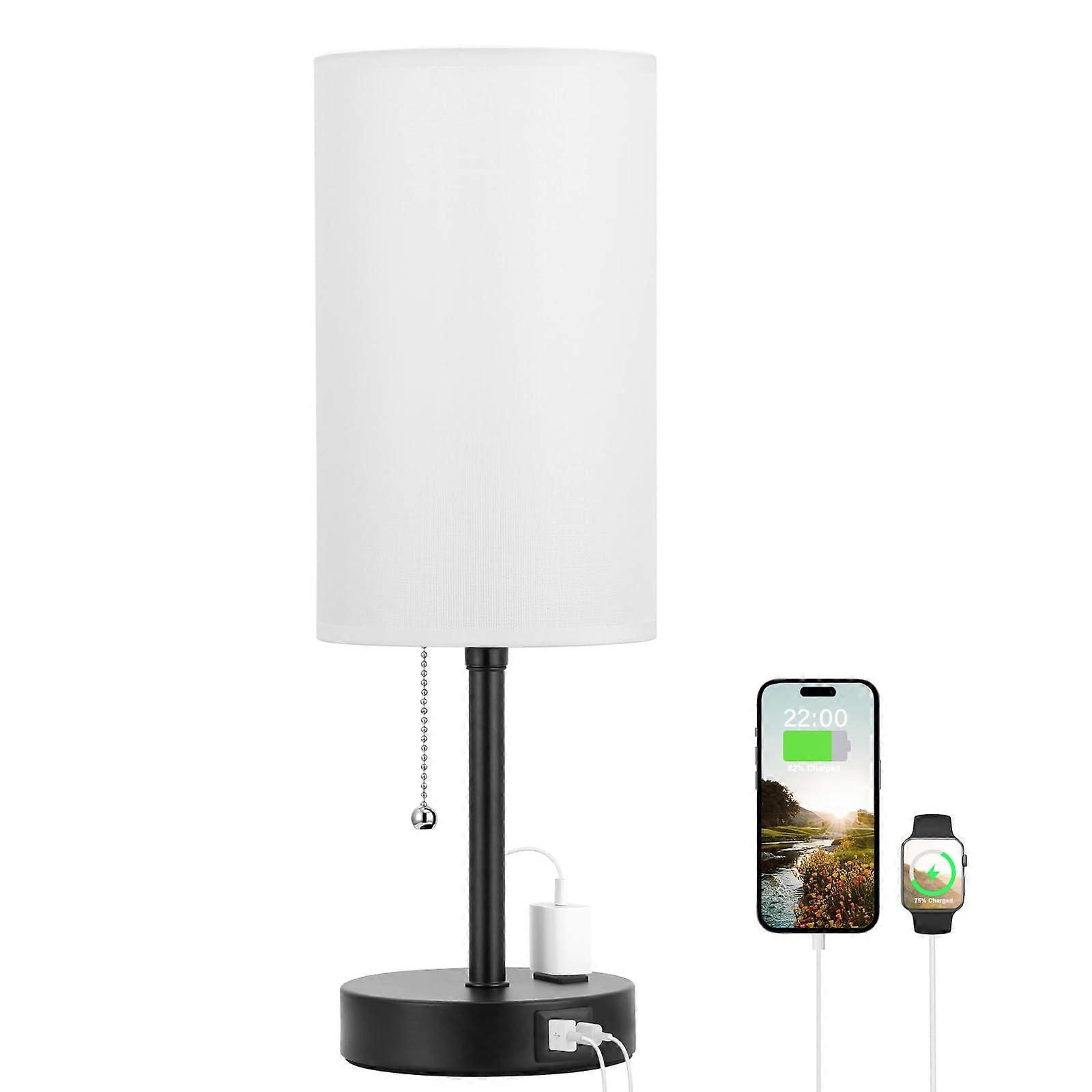 Bedside Table Lamp with USBC Fast Charging and AC Outlet, 3 Color Temps, Pull Chain, White 17in